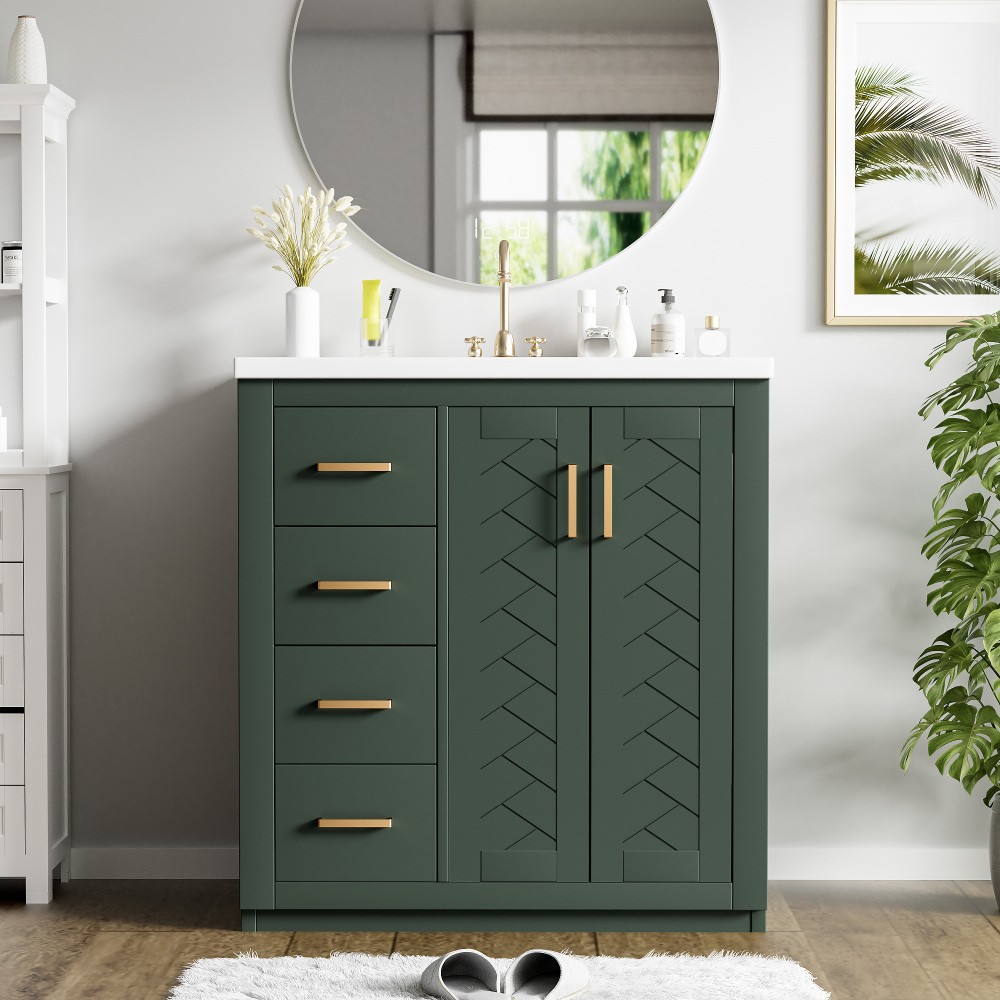 30” Bathroom Vanity with Ceramic Sink Combo,Solid Wood Frame Bathroom Storage