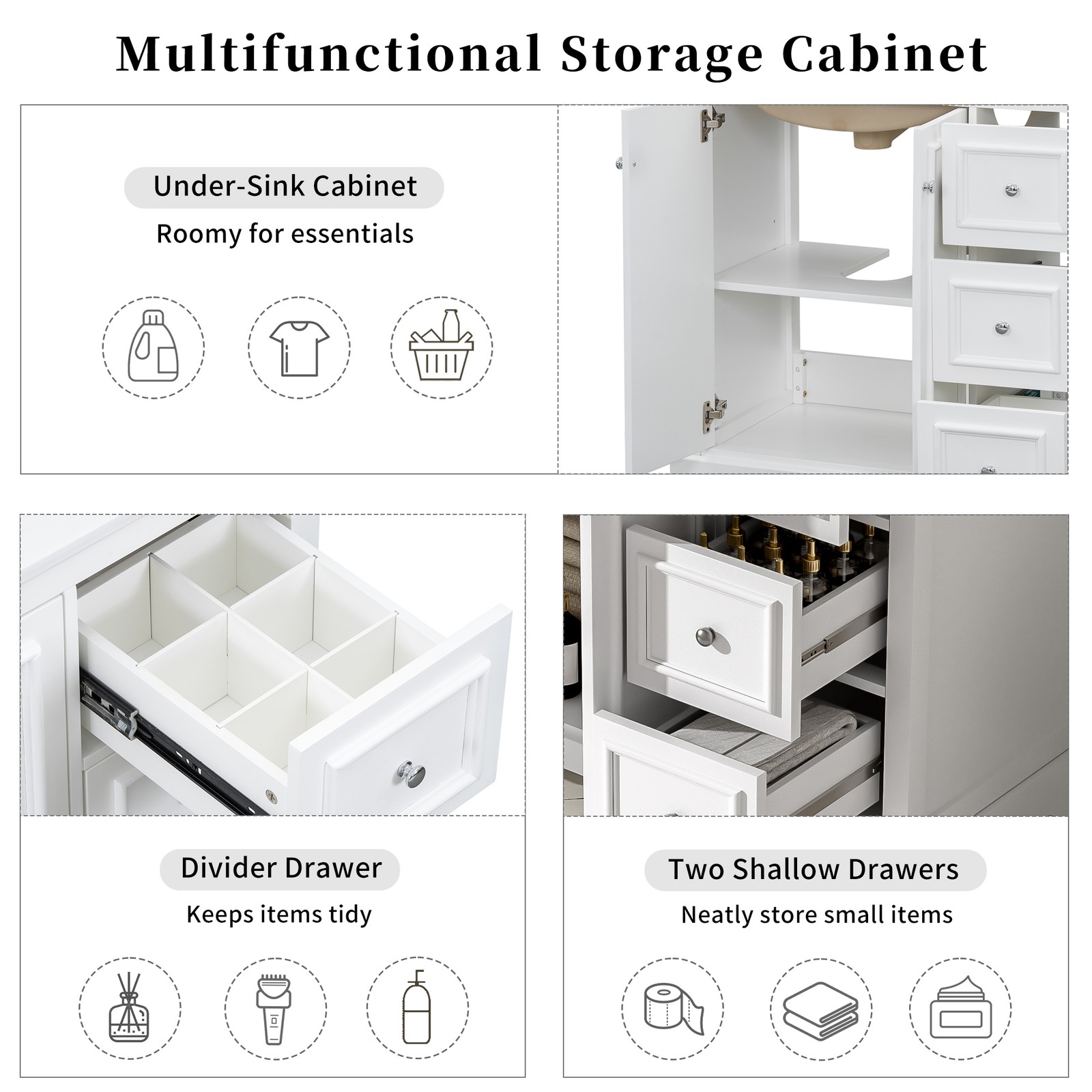 36″ White Transitional Bathroom Vanity with Ceramic Sink