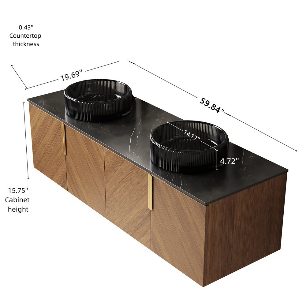 60″ Wall Mounted Bathroom Vanity w/Double Sink, Floating Vanity Cabinet, 4 Doors