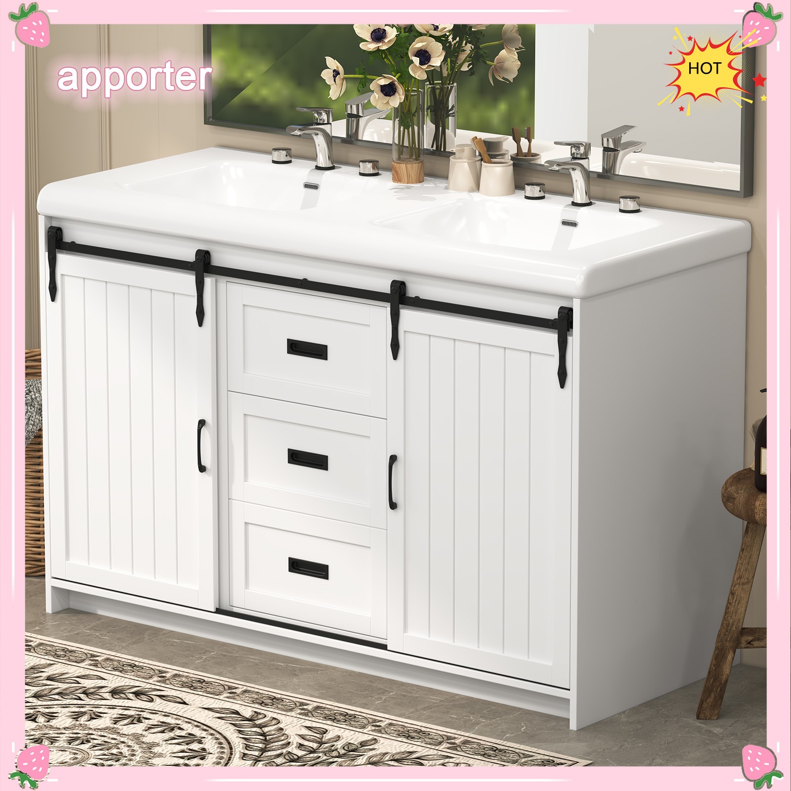 47.3″ Bathroom Double Sink Vanity Cabinet Ceramic Vessel Double Sink Cabinet US