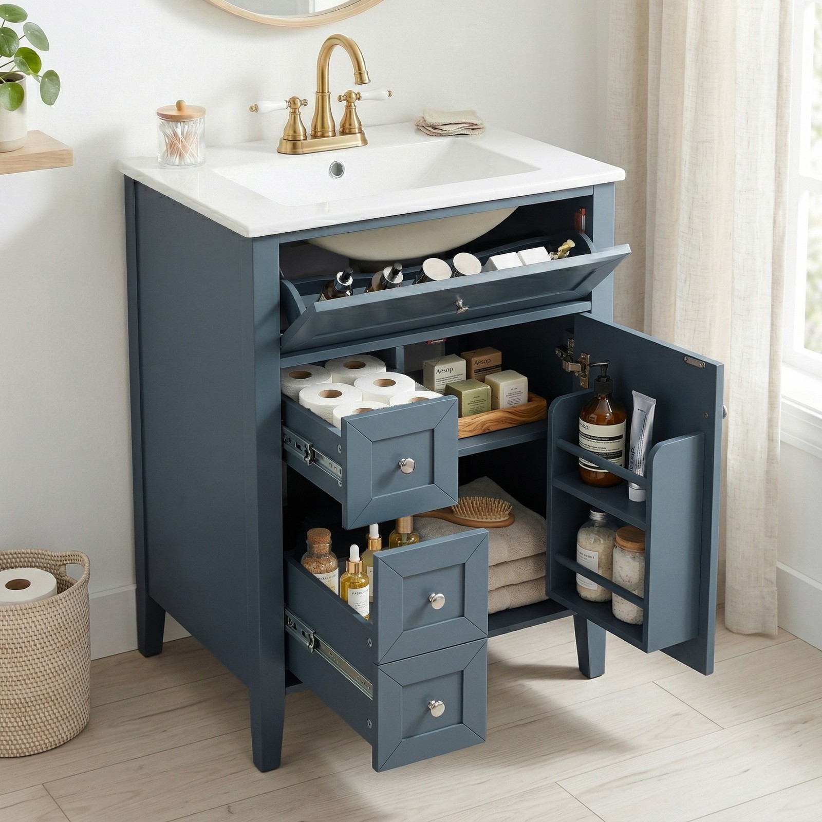 24″ Blue Gray Bathroom Vanity with Ceramic Sink & Soft-Close Drawers