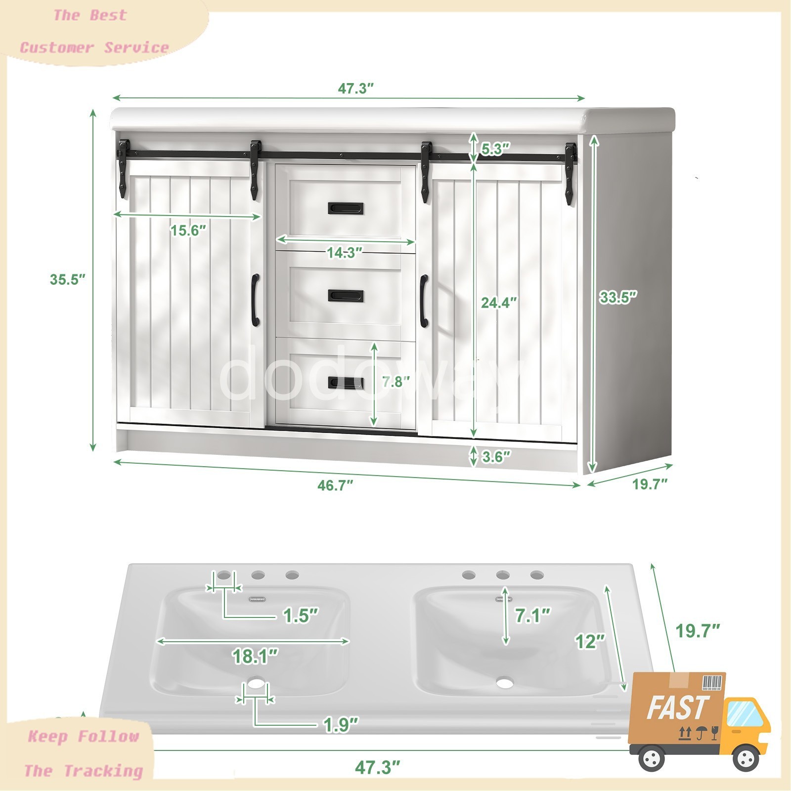 47″ Large Bathroom 2 Vanity Ceramic Sink Set Cabinet with Drawers & Cabinets