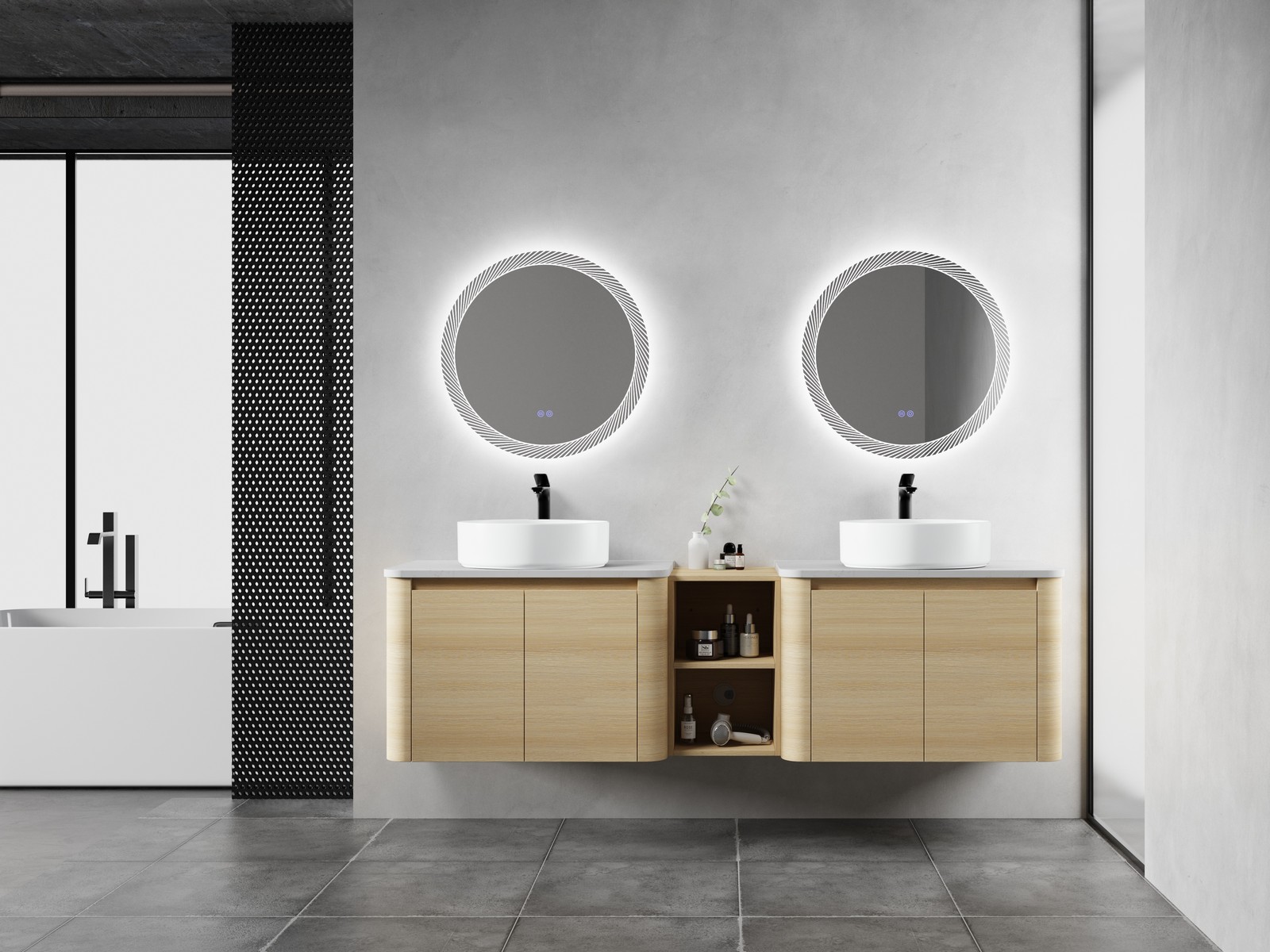 72″ Floating Bathroom Vanity W/ 2 White Ceramic Sink Stone Slab Top+Open Shelves