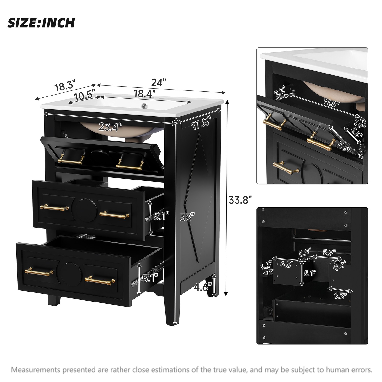 24” Bathroom Vanity with Ceramic Sink, 3 Drawers, Solid Wood Frame Retro Black