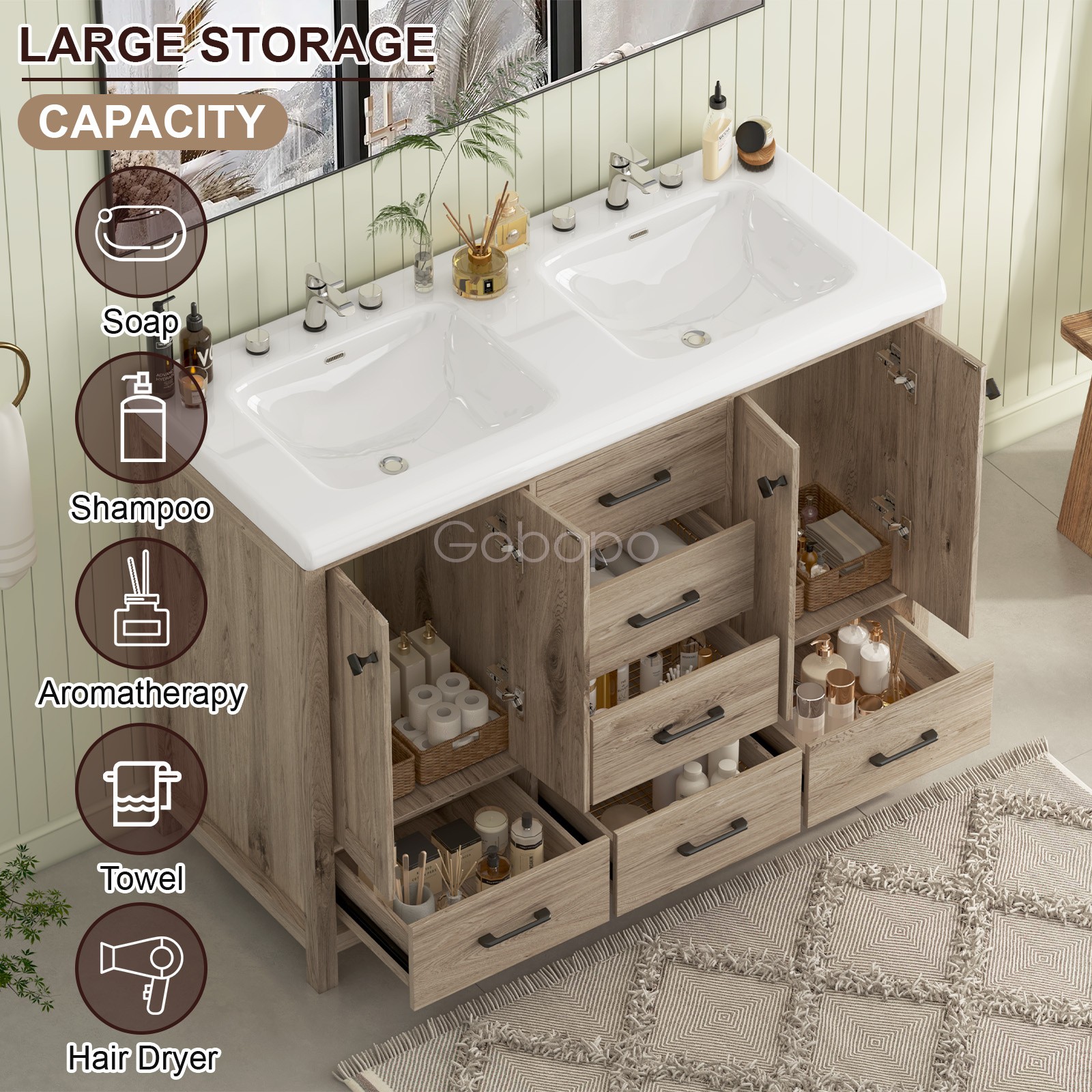 47 inch Bathroom Vanity Top w/ Double Sink Ceramic With Drawers Freestanding