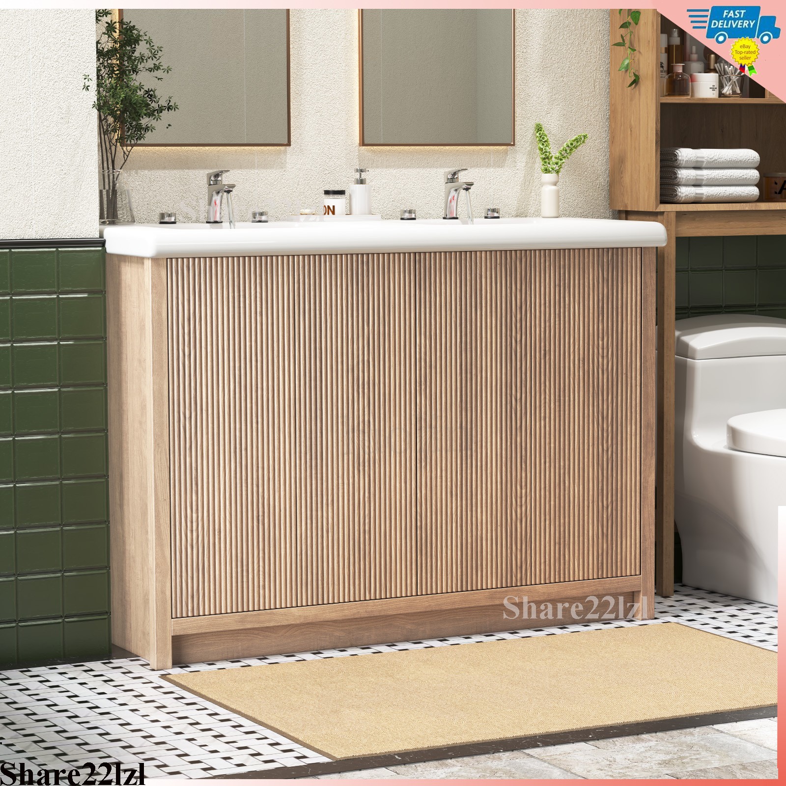 47″ Bathroom Vanity with Double Ceramic Sink, Modern Storage Cabinet with Doors