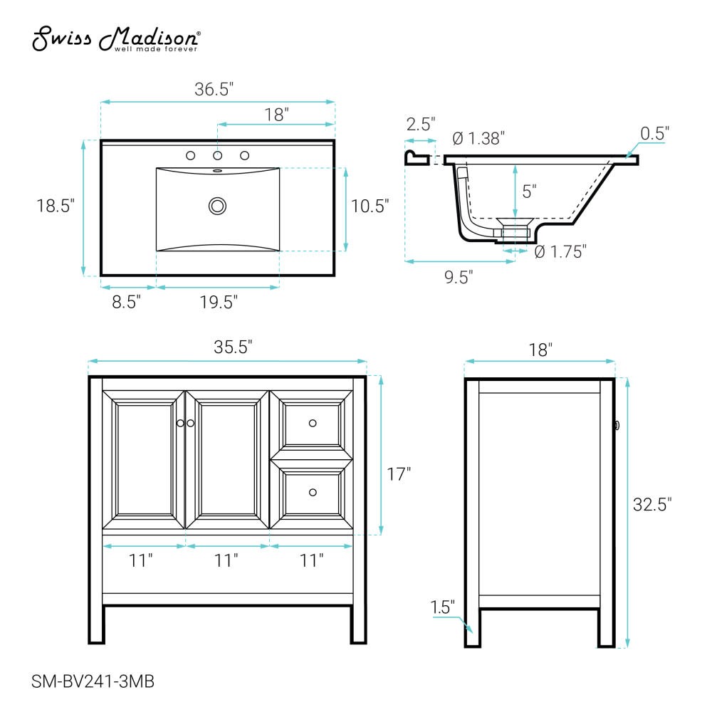 Swiss Madison SM-BV241-3MB Chateau 36″ – Golden Oak / Matte Black