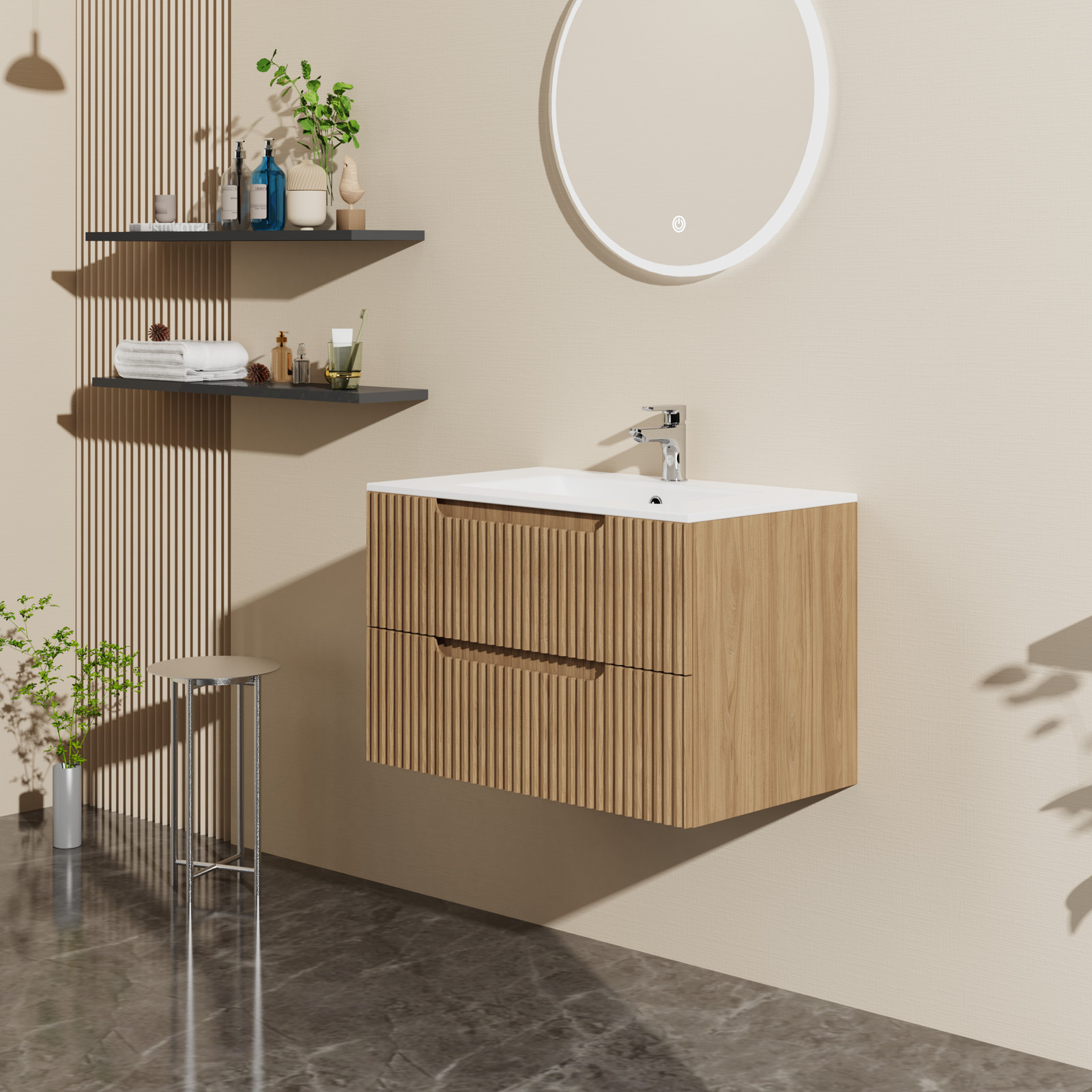 Wall Mounted Bathroom Vanity 30″W x 18.5″D x 19″H, Walnut, 2 Drawers, Soft-Close