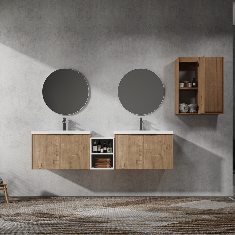 60″ 72″ 84″ Wall Mounted Bathroom Vanity w/Sink, Floating Cabinet Storage Rack