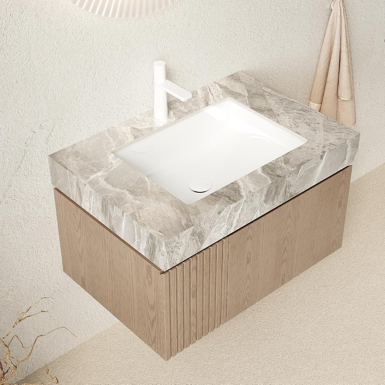 30″ Modern Floating Bathroom Vanity with Sink & Storage – Light Brown & Grey