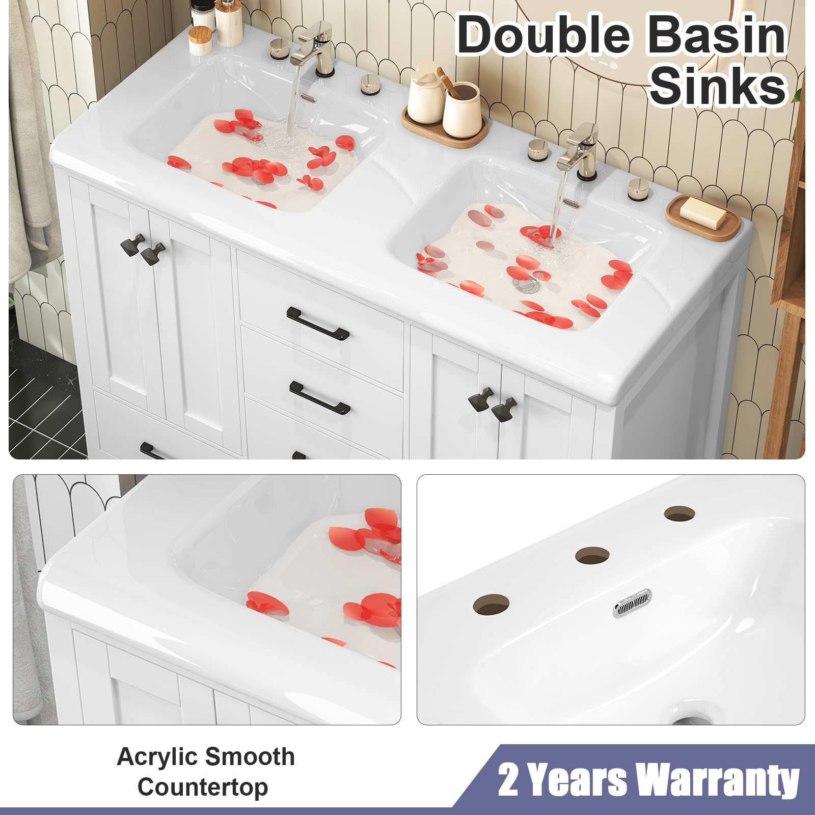 47.3″ Bathroom Vanity Freestanding Double-Basin Ceramic Sink Cabinet Wash Basin