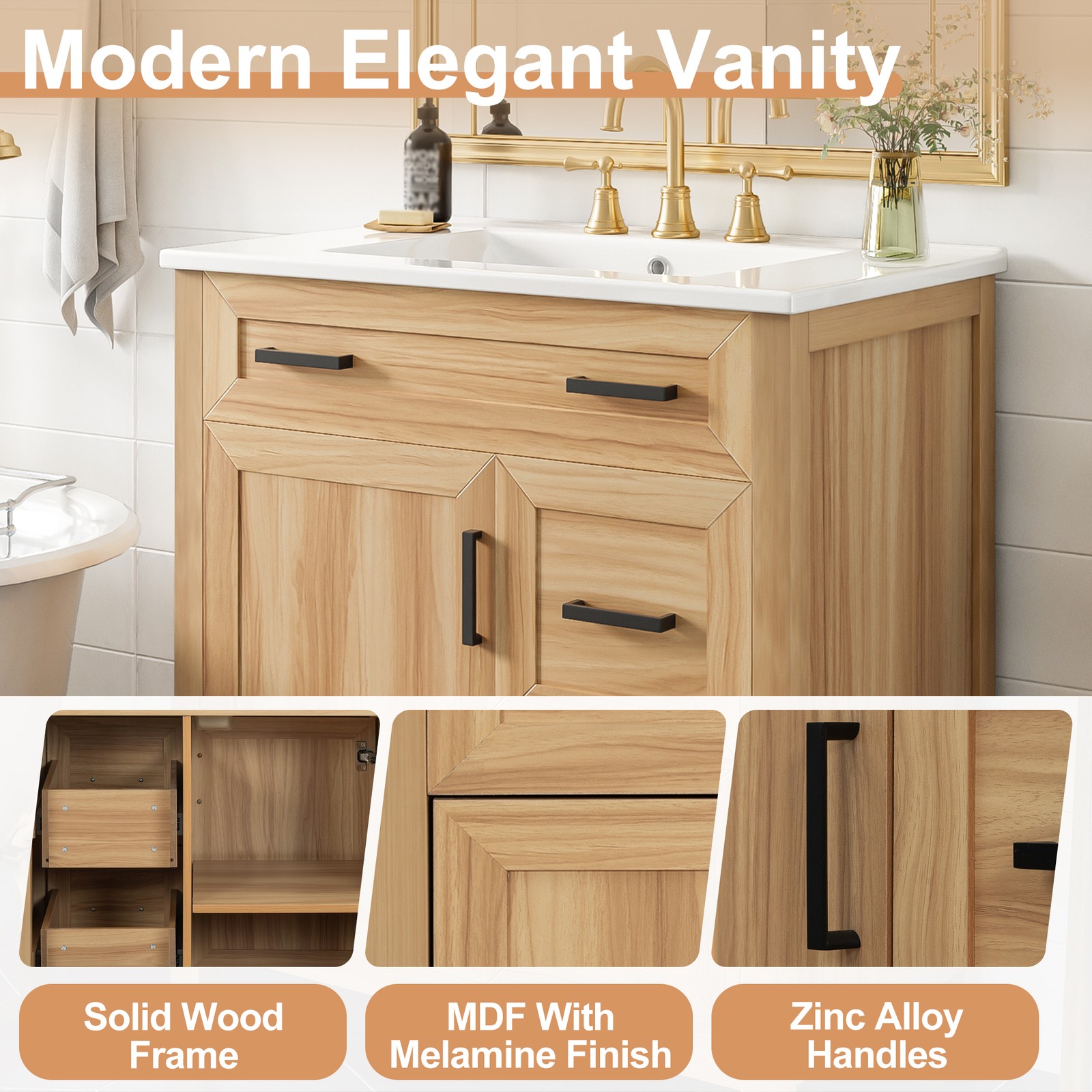 30″ Bathroom Vanity Solid Wood Frame W/Soft Close Door 2 Drawers Storage Cabinet