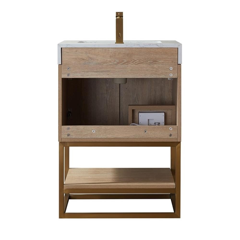 Pemberly Row 24″ White Stone Top Oak Single Vanity Black Frame with o Mirror
