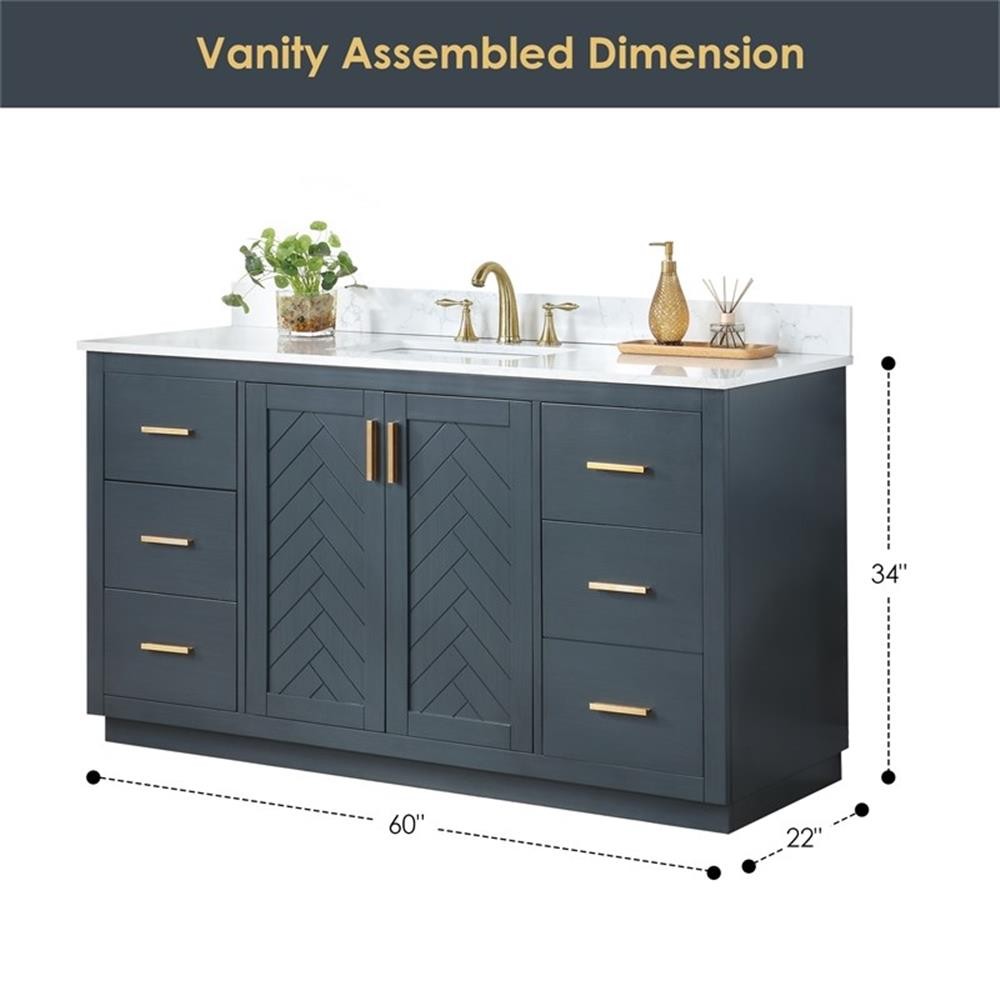 Pemberly Row 60″W Wood Vanity – Classic Blue with Composite Stone Top