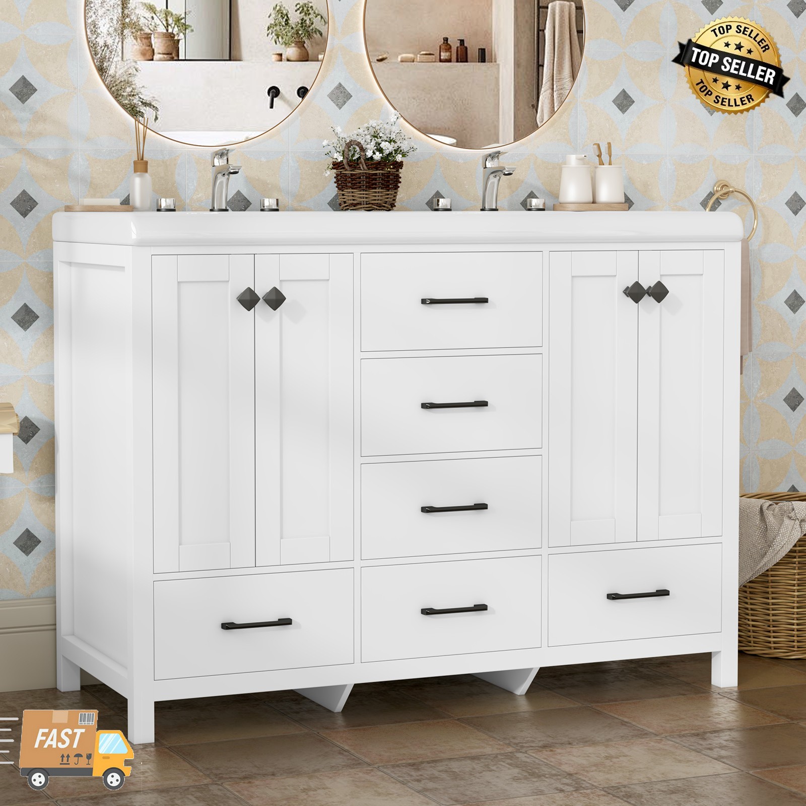 47.3″ Bathroom Vanity Double Sink Ceramic Freestanding Storage Cabinet Drawers.