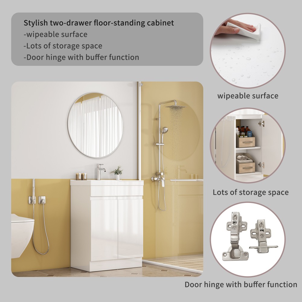 24in Bathroom Vanity Sink Combo 2 Doors Shelf Handle-Free Thick-Edged Basin