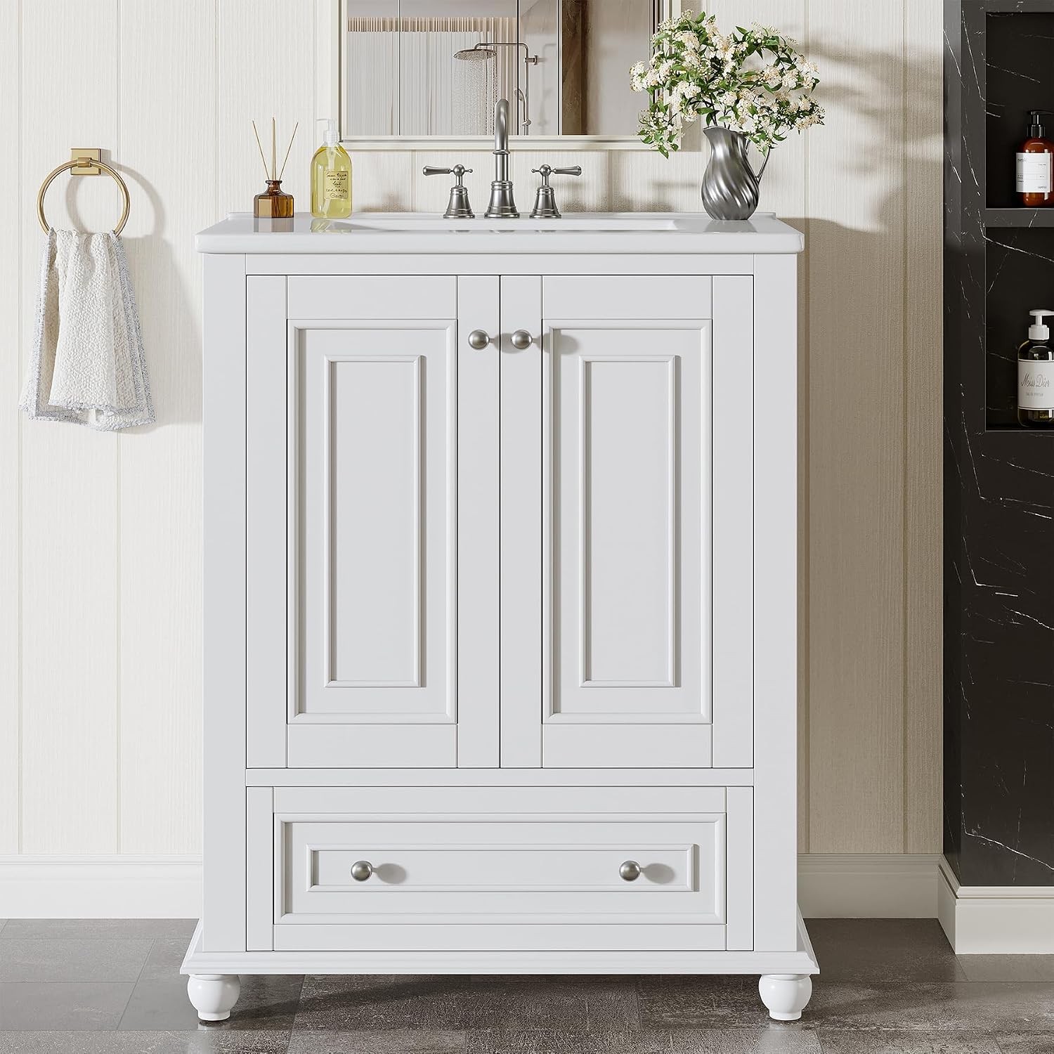 24 inch Bathroom Vanity with Ceramic Sink Combo Cabinet with 2 Doors & 1 Drawer