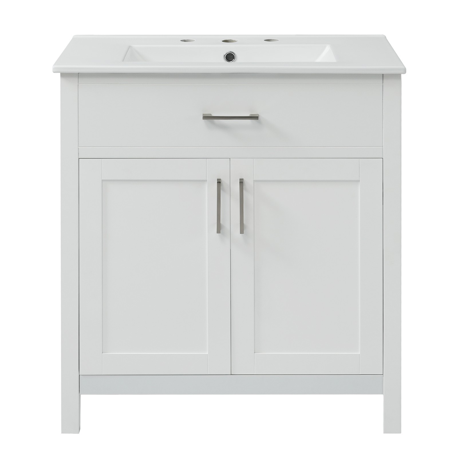 30-Inch Bathroom Vanity with Ceramic Sink, White, Solid Wood MDF
