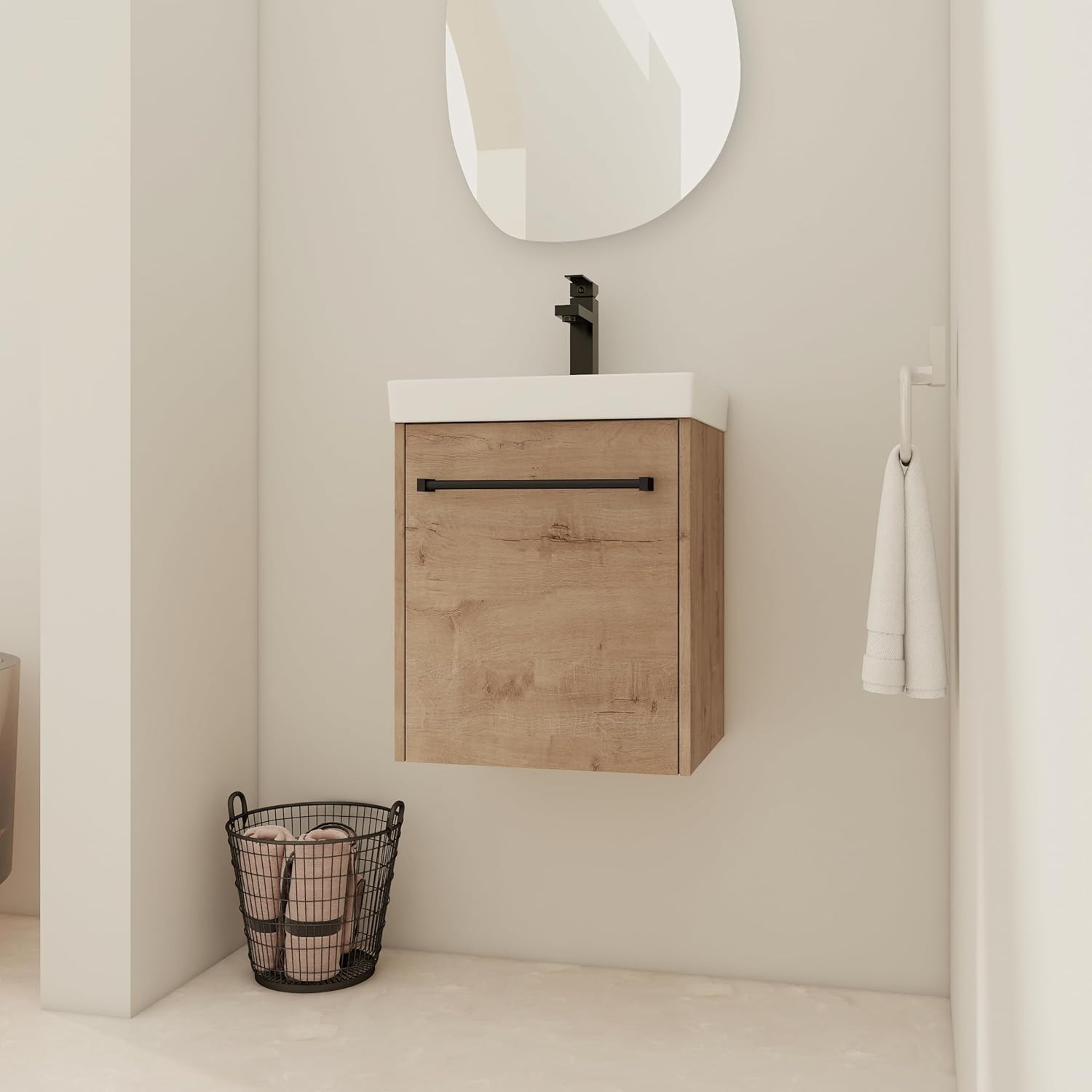 Compact 18” Floating Bathroom Vanity Cabinet with Sink – Imitative Oak Finish