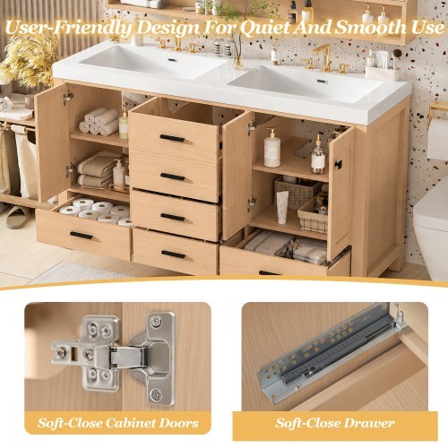 59.3″ Modern Bathroom Vanity w/4 Doors & 3 Drawers, Hidden Drawer Slides Wood