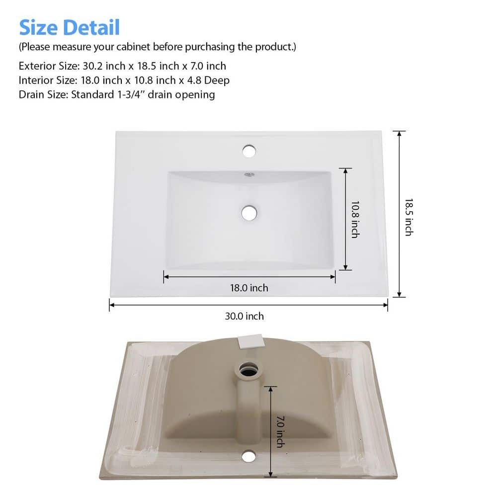 LORDEAR 30″ W x 18.5″ D White Ceramic Bathroom Vanity Top Sink Single Hole
