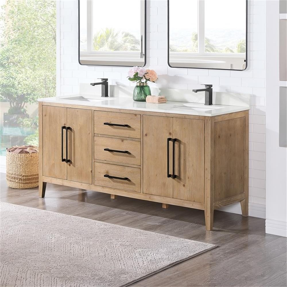 Laurel 72″ Wood Vanity in Weathered Fir Calacatta White Quartz Top no Mirror