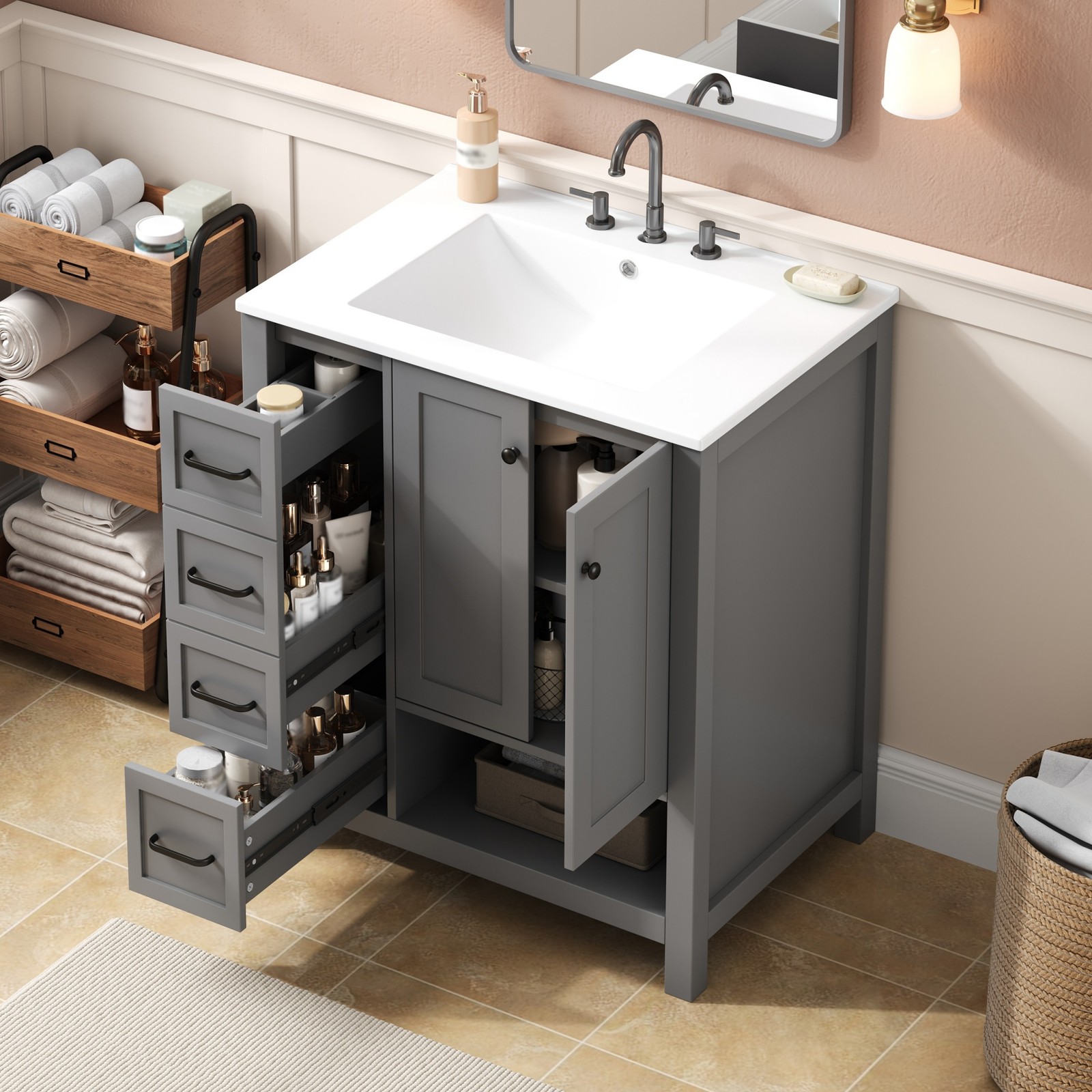 30″ Bathroom Vanity with Sink, 2 Doors & 2 Drawers, Solid Wood, Gray