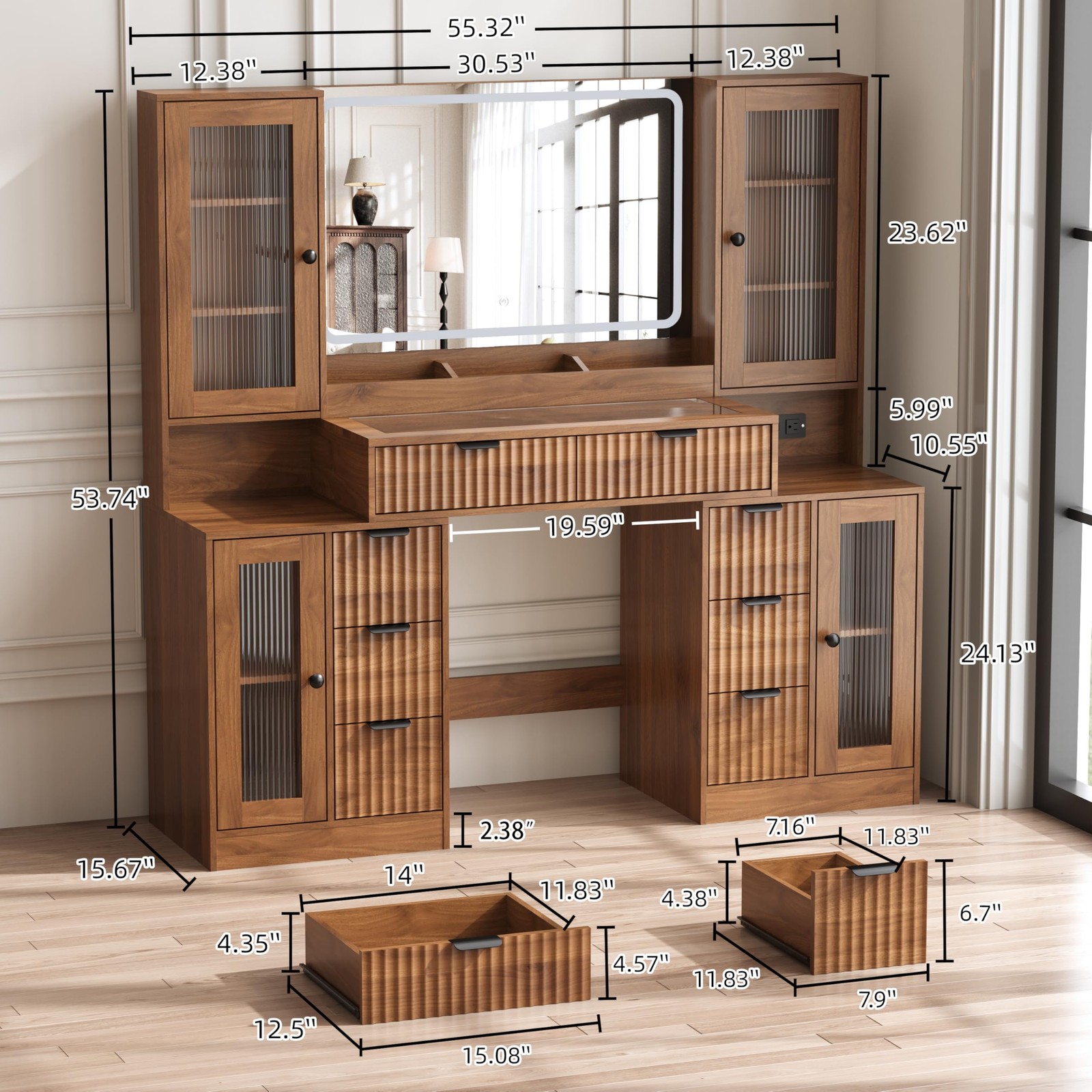 55in Fluted Vanity Desk Lighted Mirror 8 Drawers Tempered Glass Charging Station