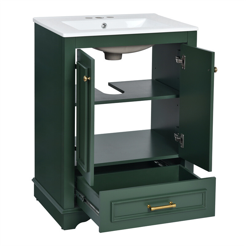 24” Bathroom Vanity with Ceramic Sink Combo Green Cabinet w/Doors & Drawers