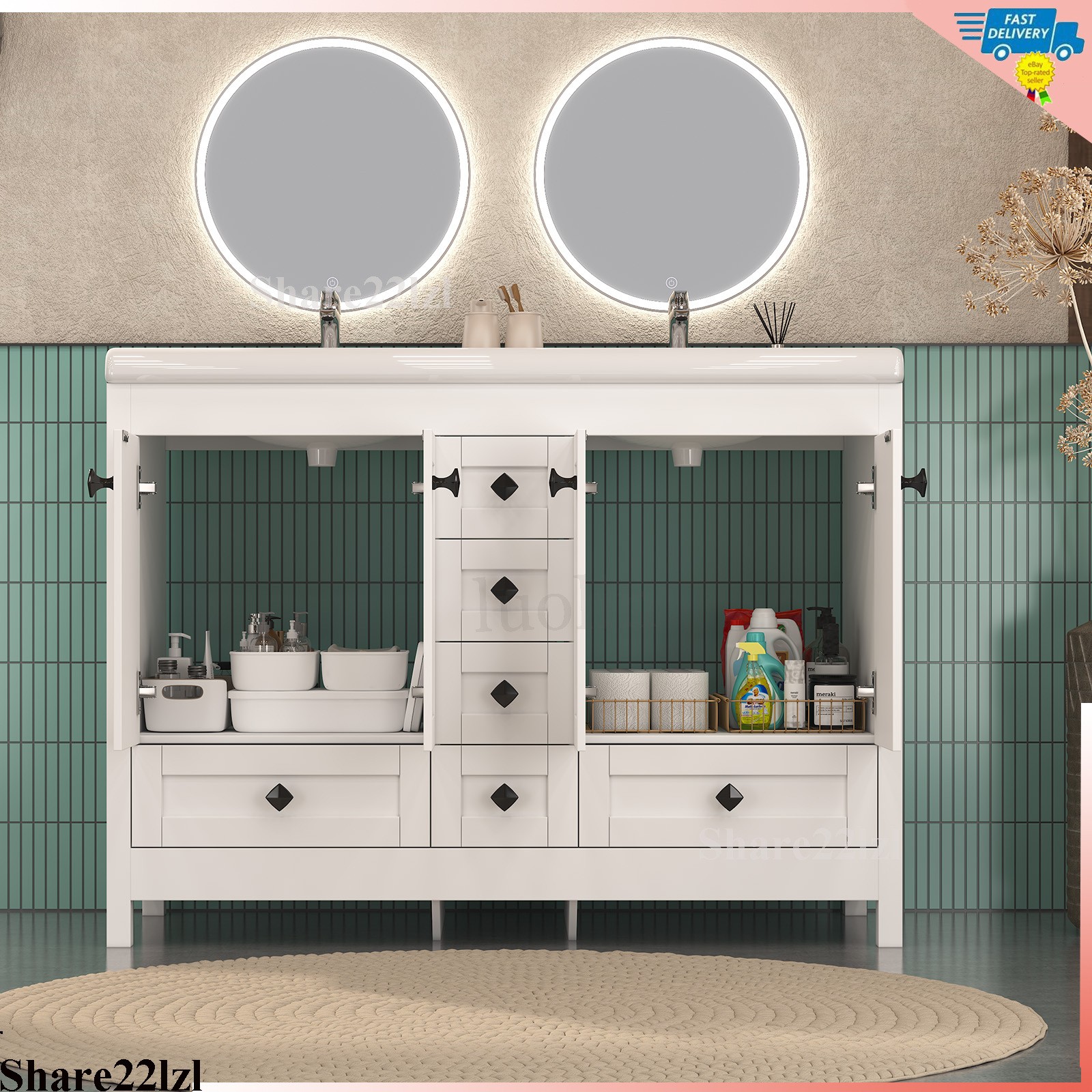 47″ Bathroom Vanity Double Sink Ceramic Freestanding Cabinet 5 Drawers,White
