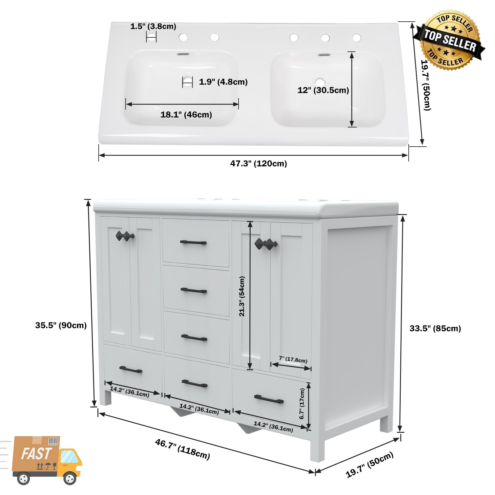 47.3″ Bathroom Vanity Double Sink Ceramic Freestanding Storage Cabinet Drawers.