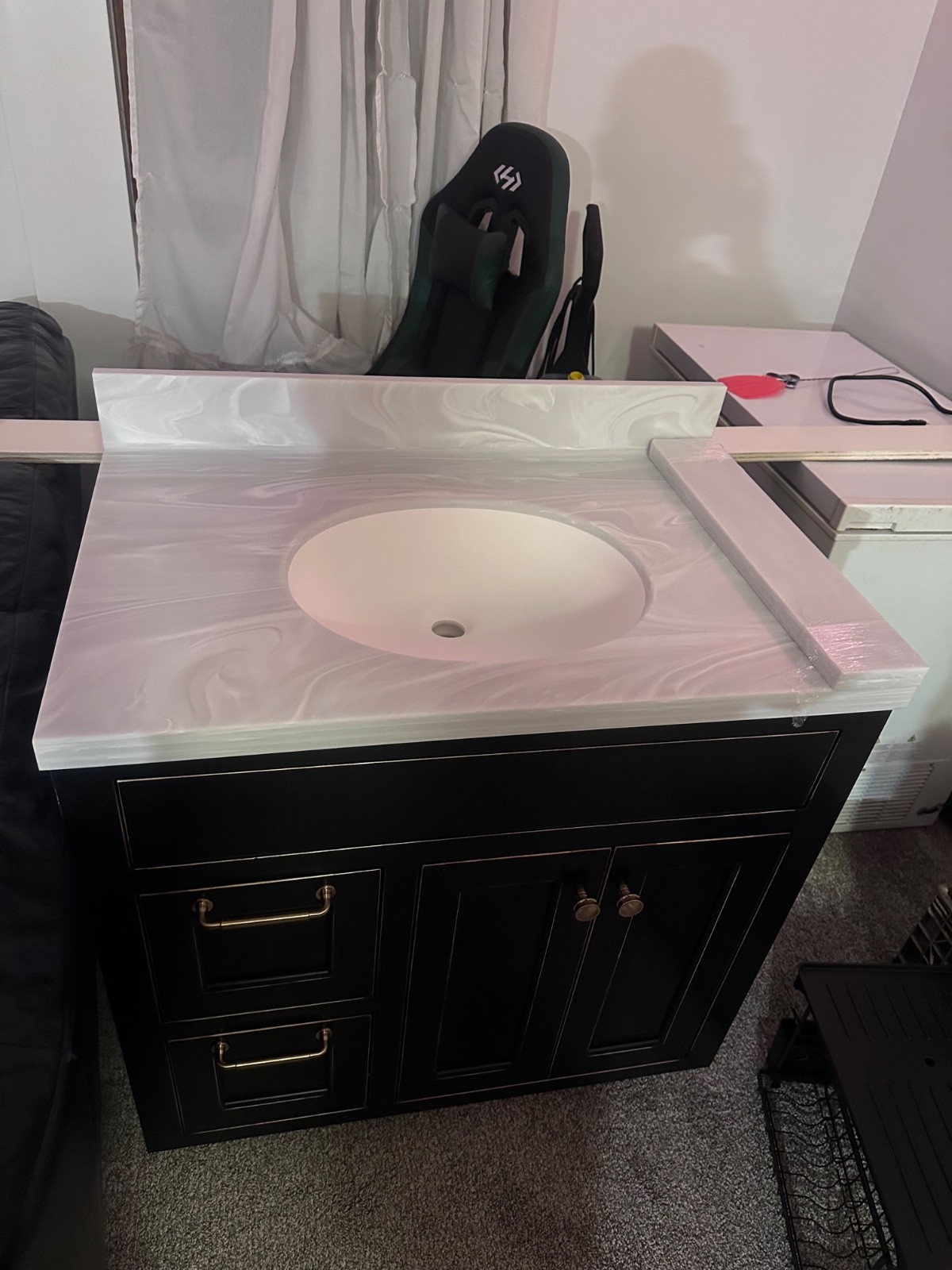 bathroom vanity with sink, 33.5 inches wide, 20 3/4s back to front, 34” tall