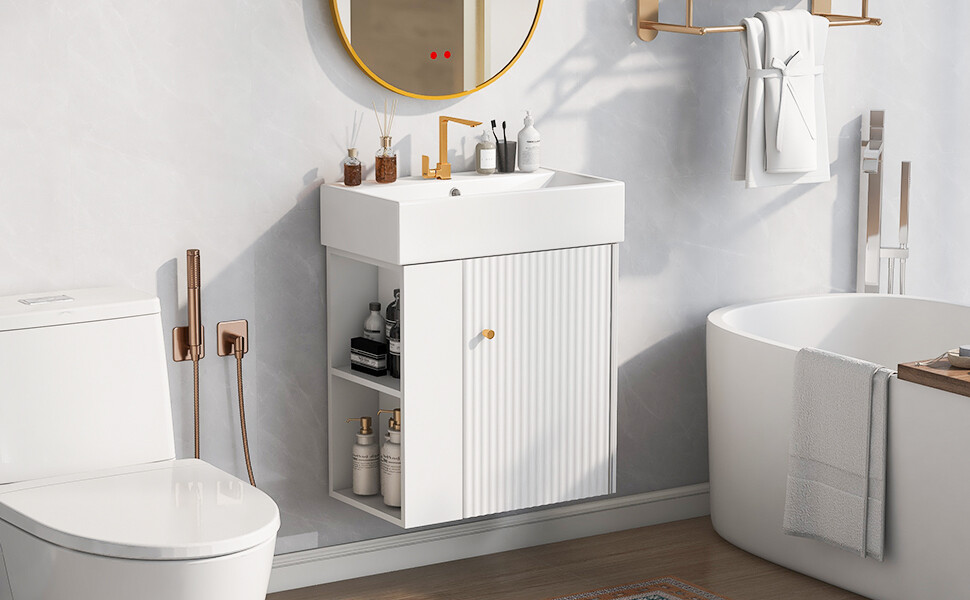 21.6inch Modern Floating Bathroom Vanity with Ceramic Basin Left side storage