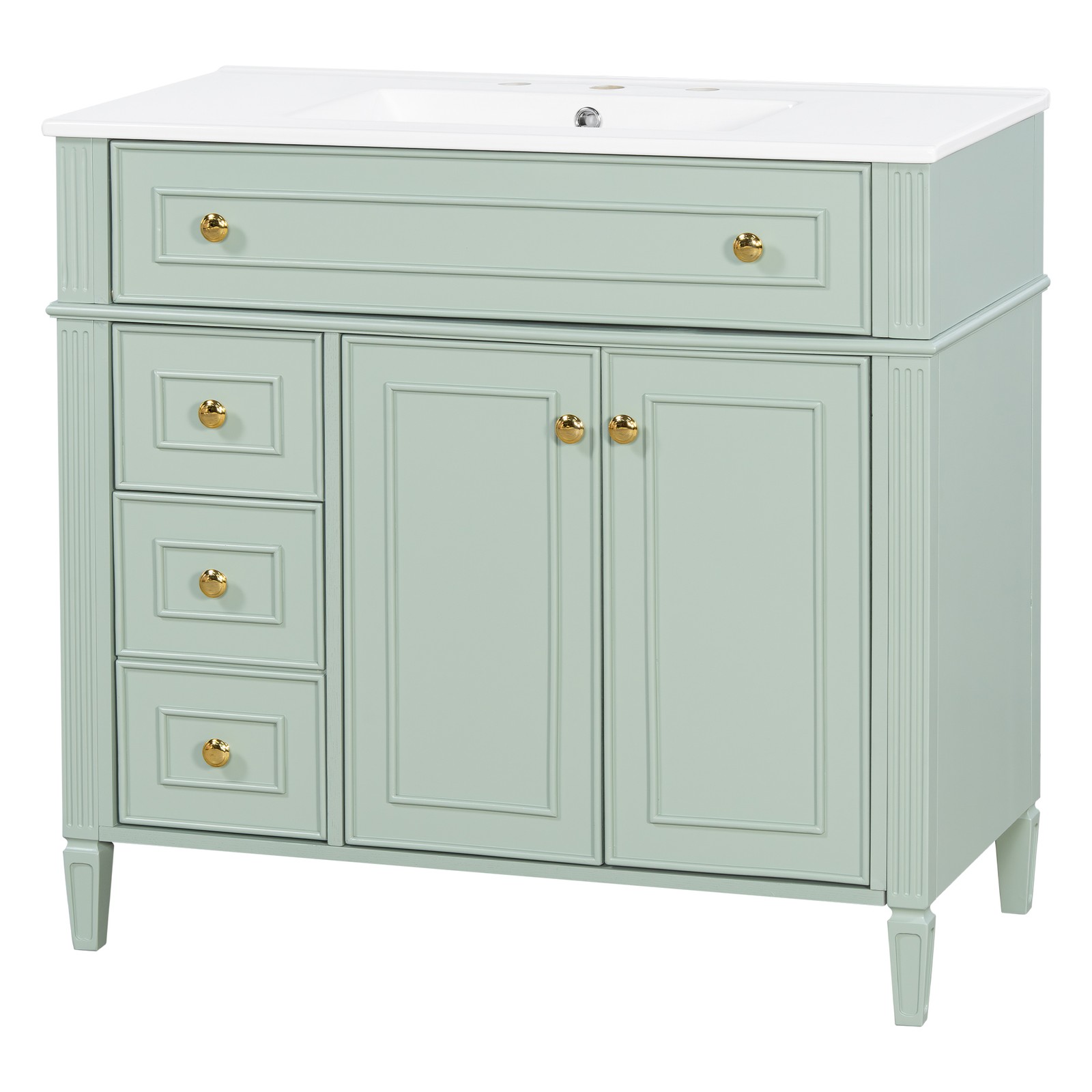 36 Inch Bathroom Vanity with Sink, Green Solid Wood Cabinet, Gold Handles