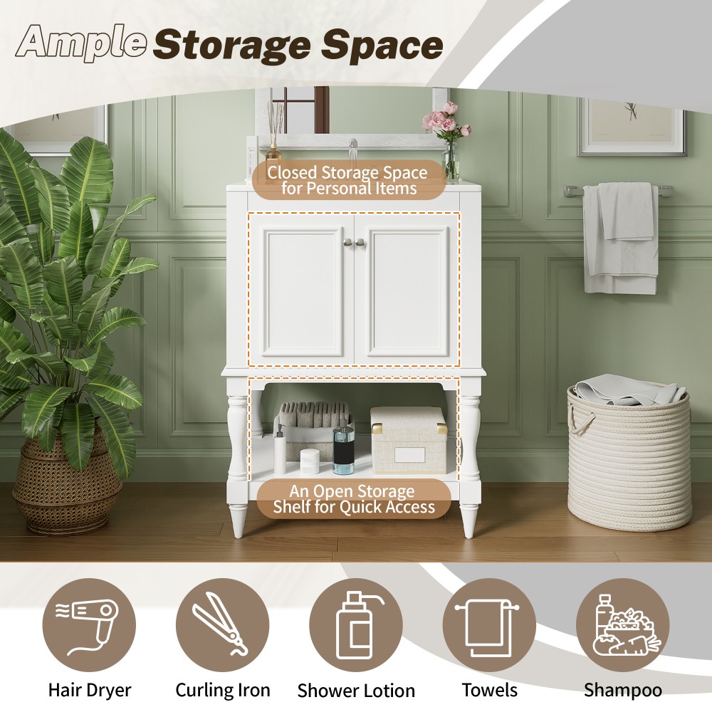 24″ Modern Bathroom Vanity w/ Ceramic Sink & Storage, White
