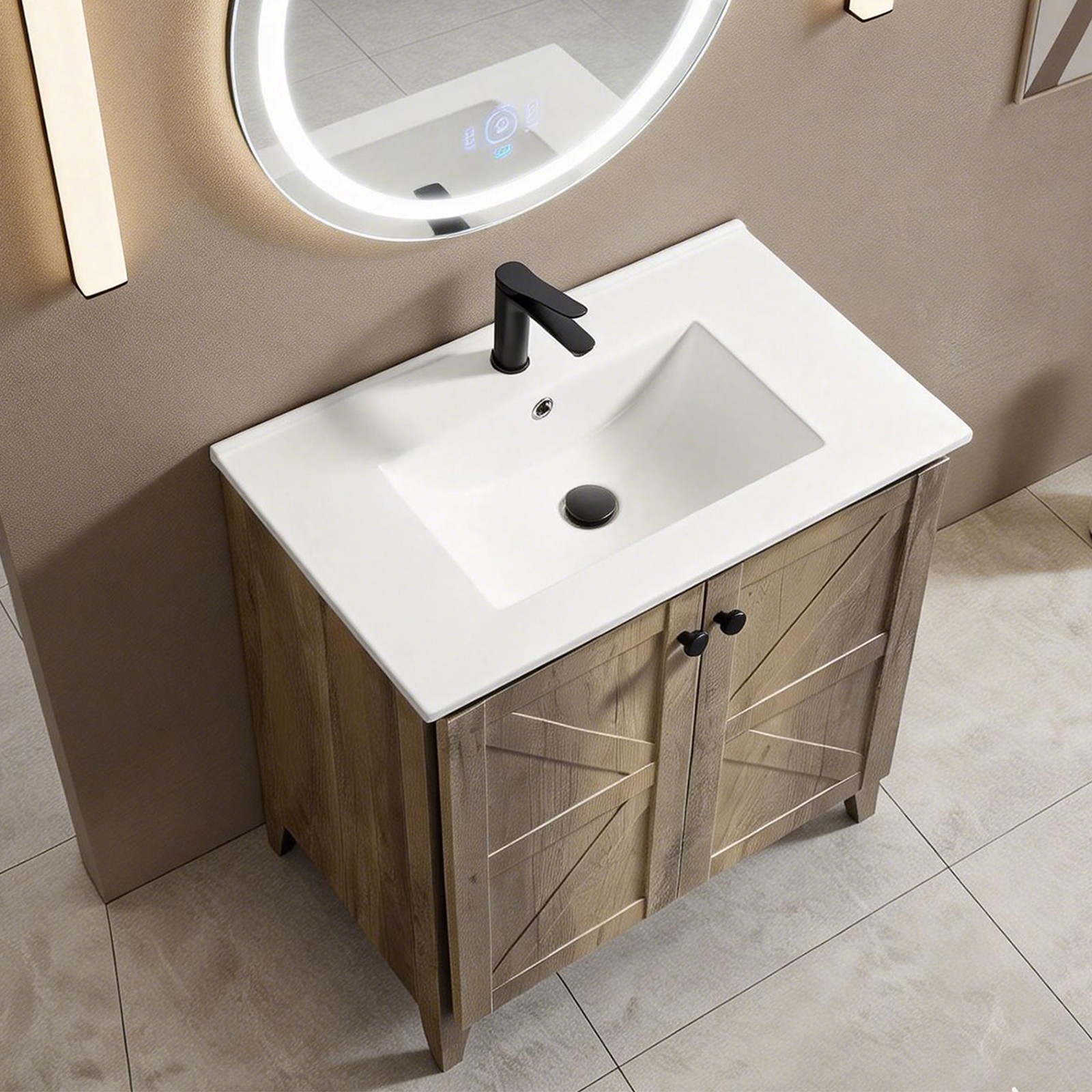 30″ Antique Grey Folding Floor Cabinet With Ceramic Sink Modern Storage Cabinet