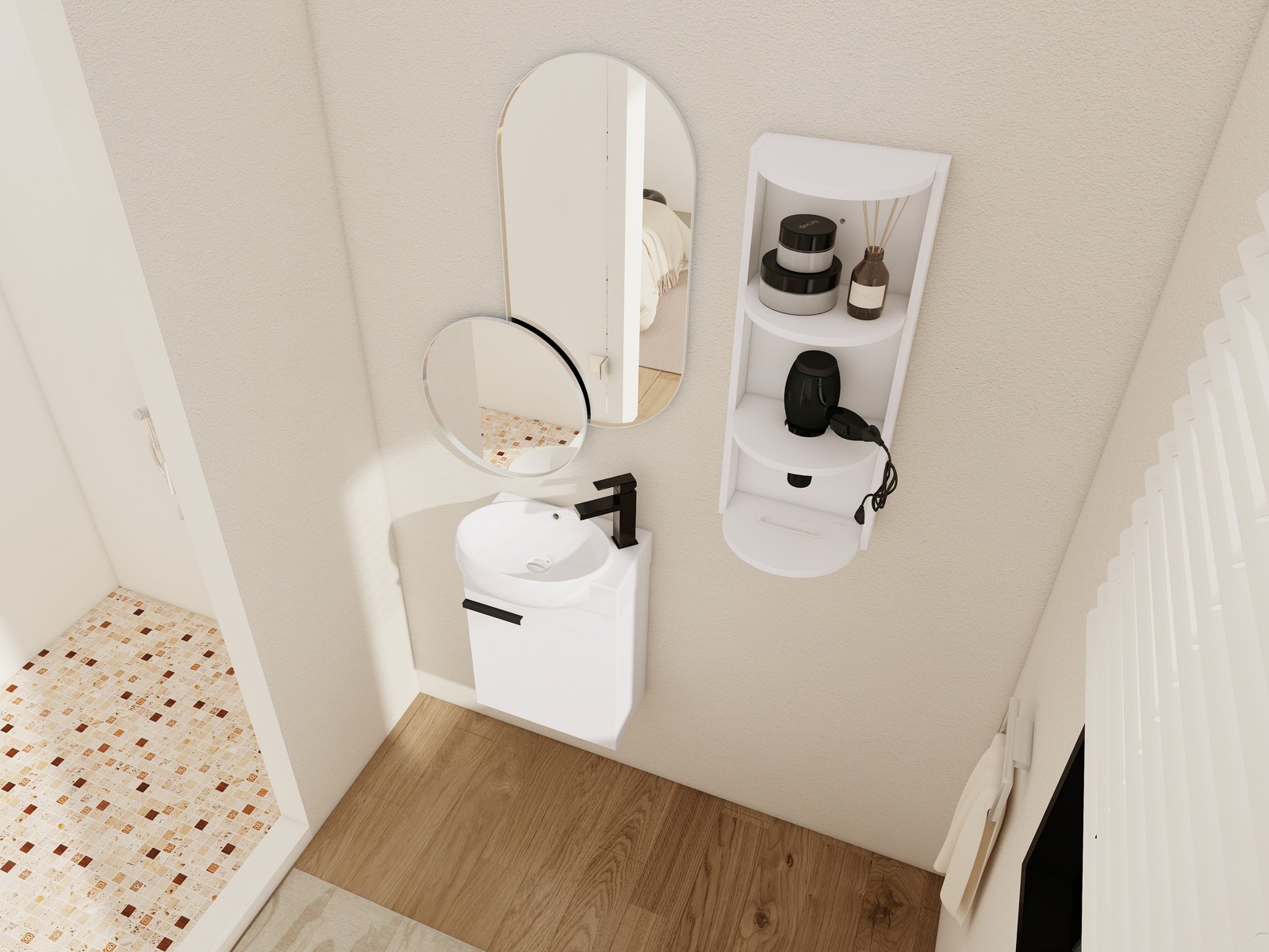 16″ Plywood Freestanding Bathroom Vanity Ceramic Sink Basin +Storage Rack White