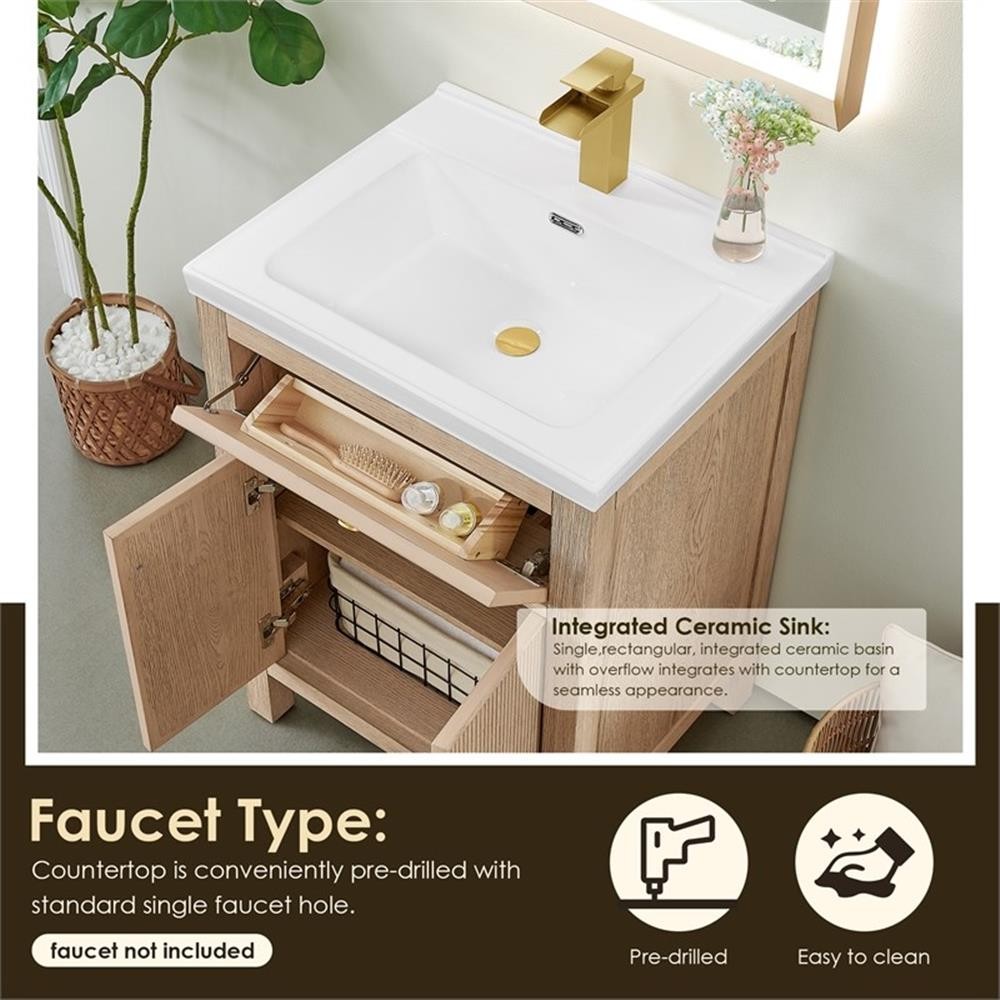 Pemberly Row 24″ Wood Vanity in Natural Oak Ceramic Integrated Sink no Mirror