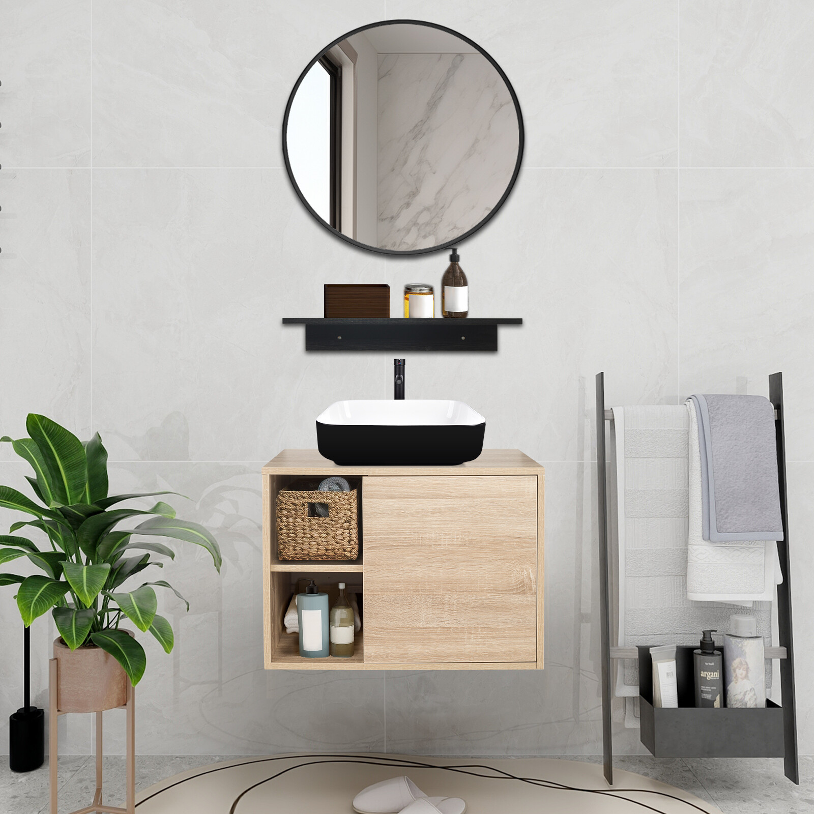 24″ Floating Bathroom Vanity Sink Faucet Drain Round Mirror Set Storage