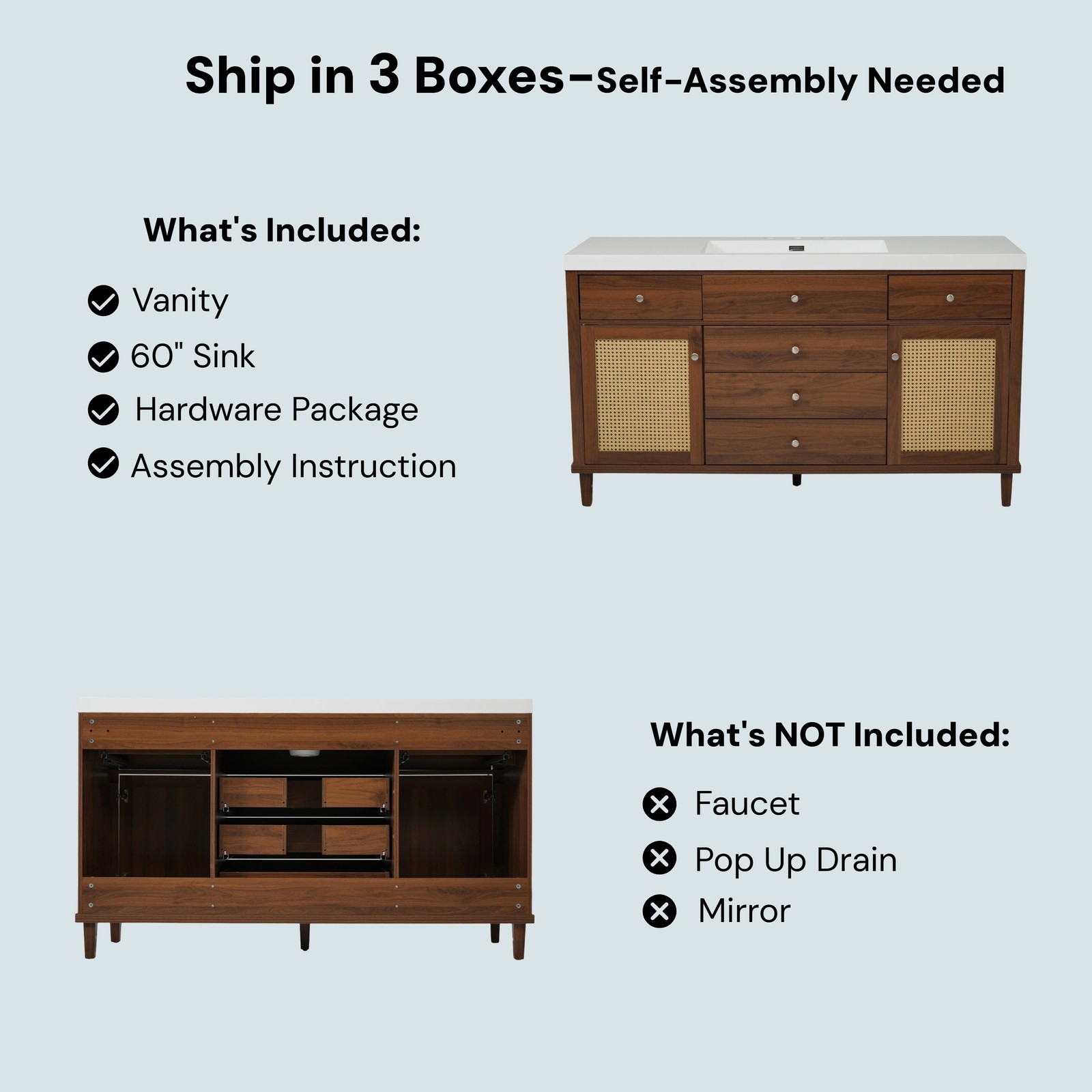 60″ Bathroom Vanity with Sink, Modern Storage Cabinet Brown
