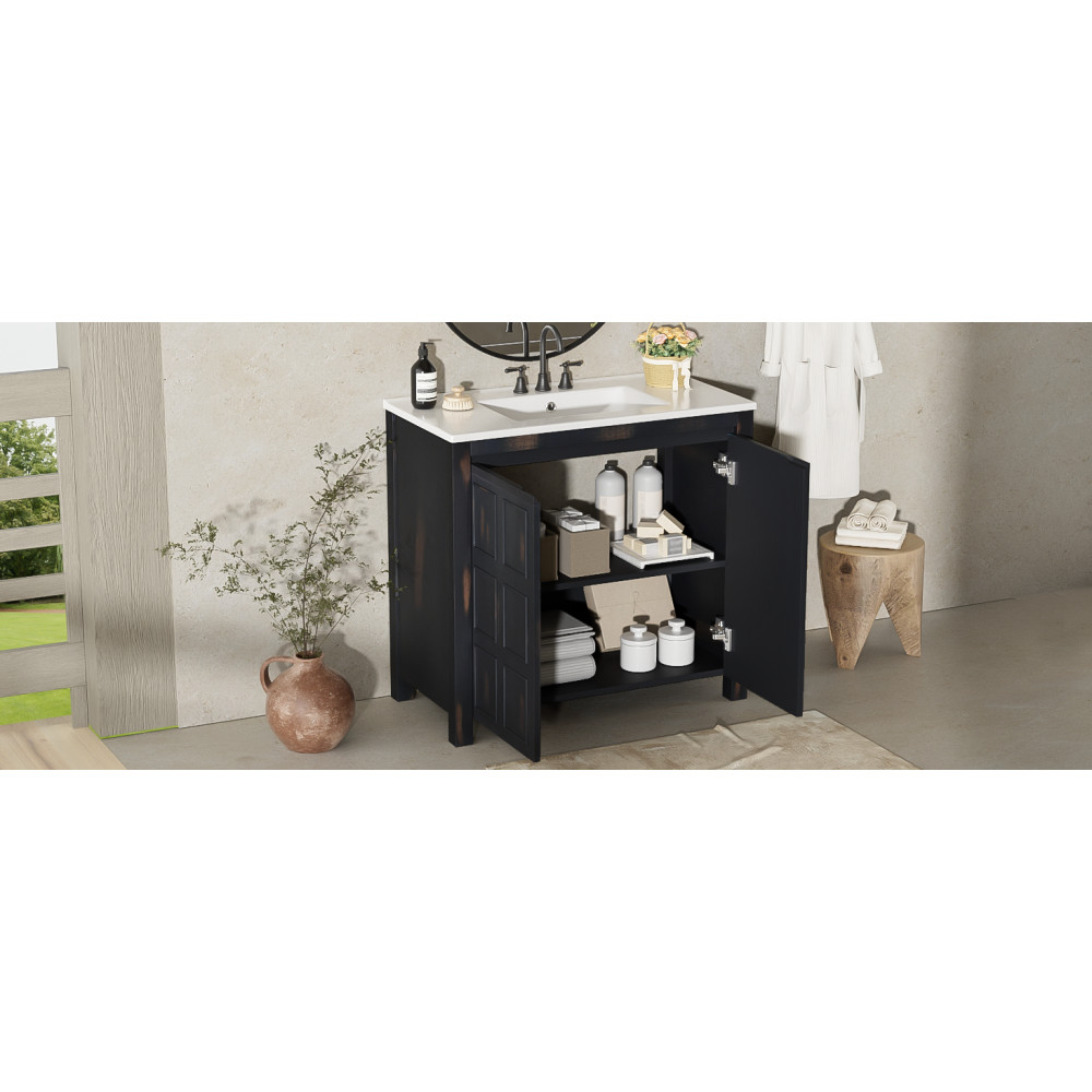 36″ Vintage Bathroom Vanity w/Ceramic Sink,Solid Wood Frame,Soft Close Doors