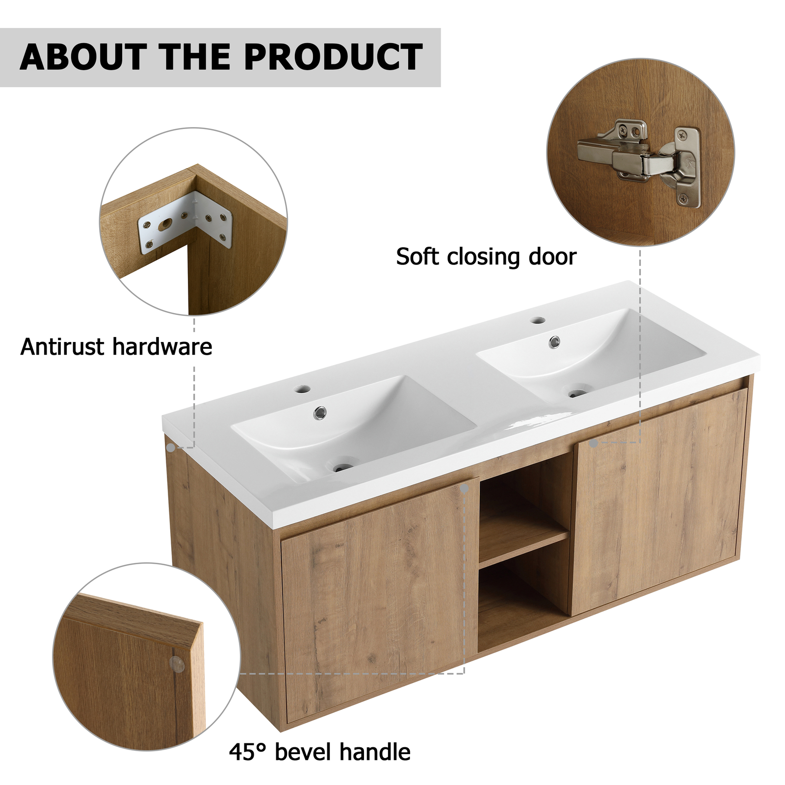 48″ Plywood Wall Mounted Bathroom Vanity With Double Sink Basin 2 Doors Storage