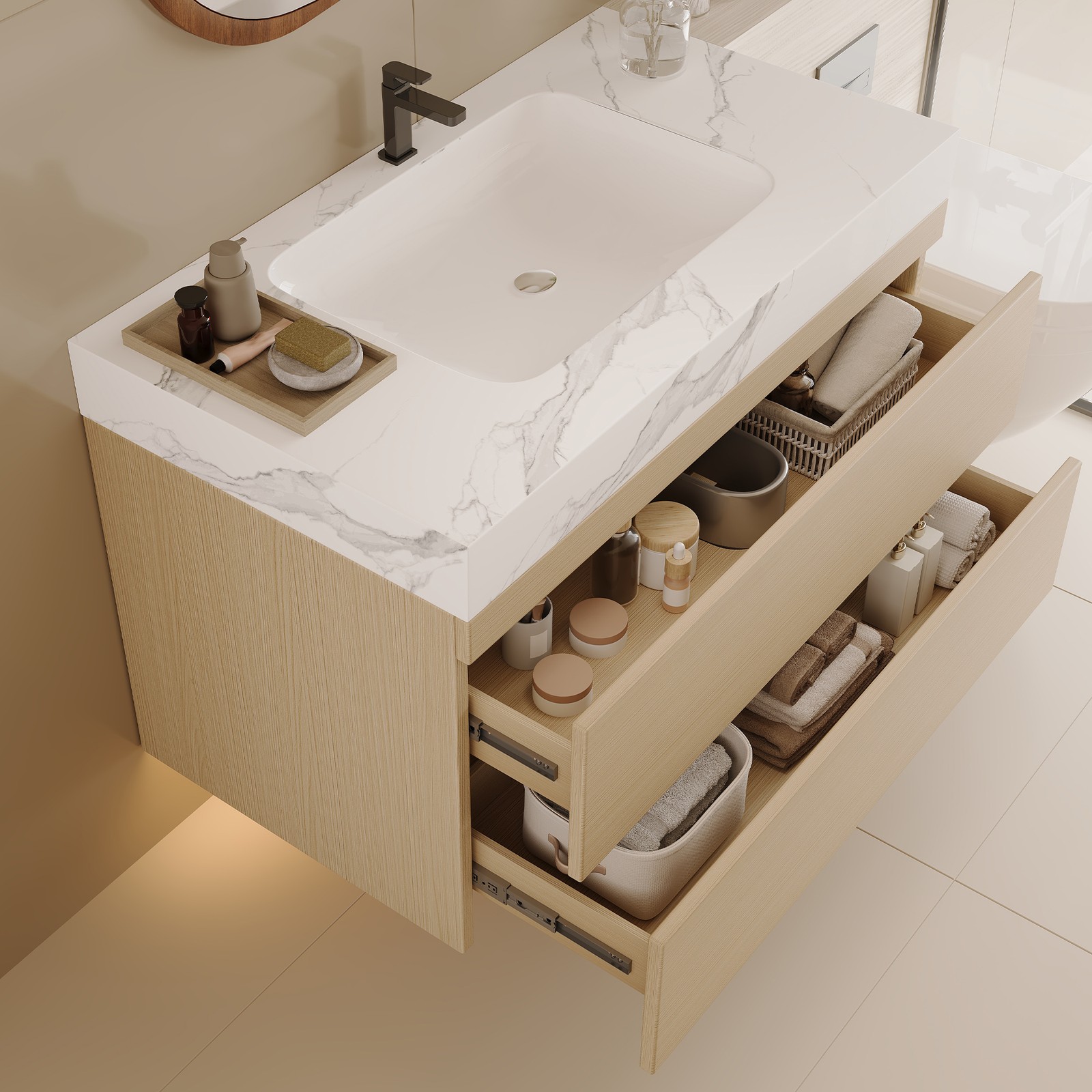 29.9″ Modern Floating Bathroom Vanity with Faux Marble Top and Ceramic Sink