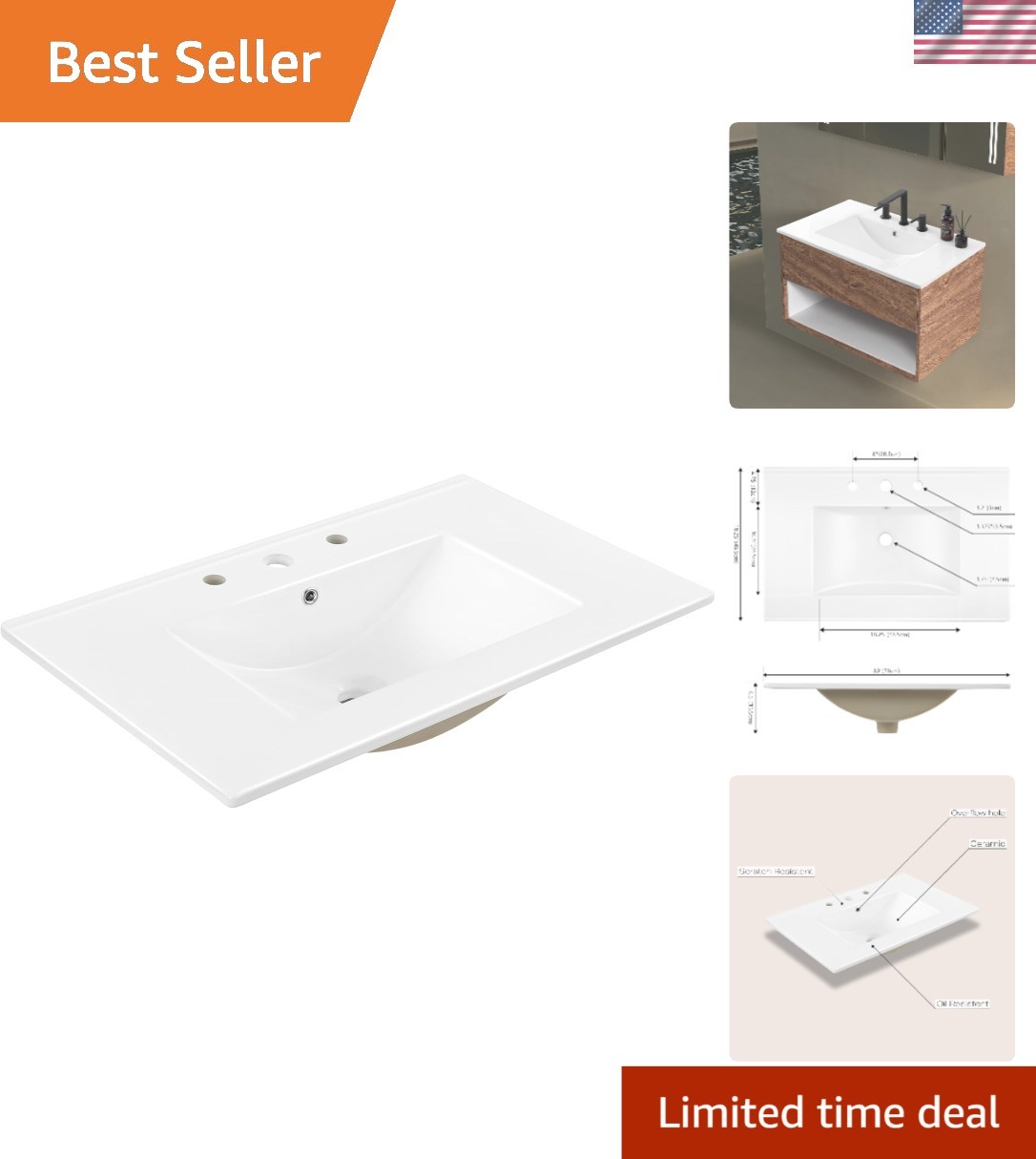 Classic 30″ Ceramic Vanity Sink Top – Rectangular 3-Hole Design for Elegance