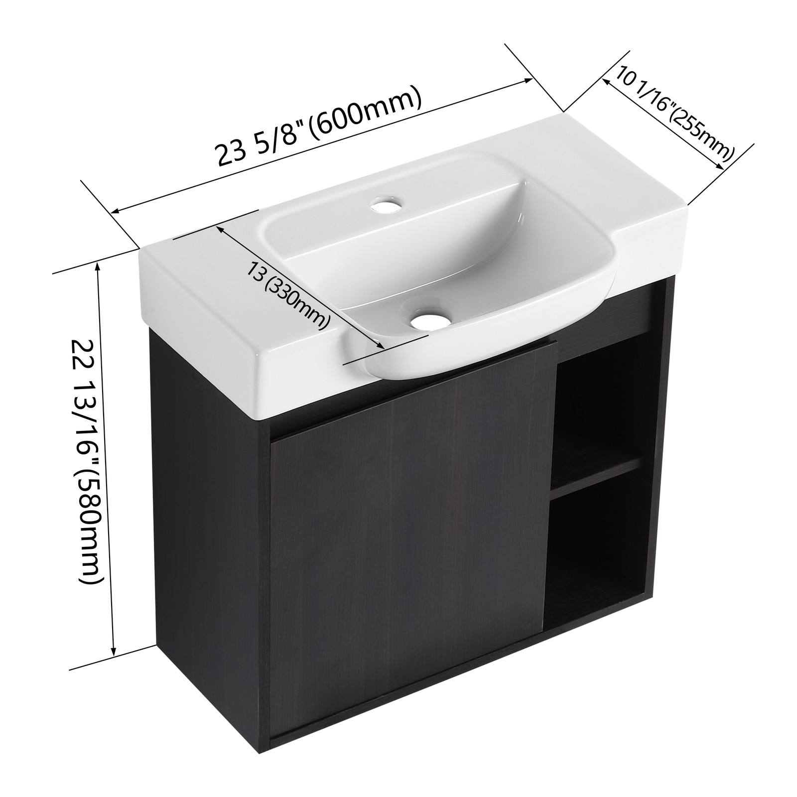 24″ Plywood Wall-Mounted Bathroom Vanity Cabinet W/ White Ceramic Sink Dark Oak