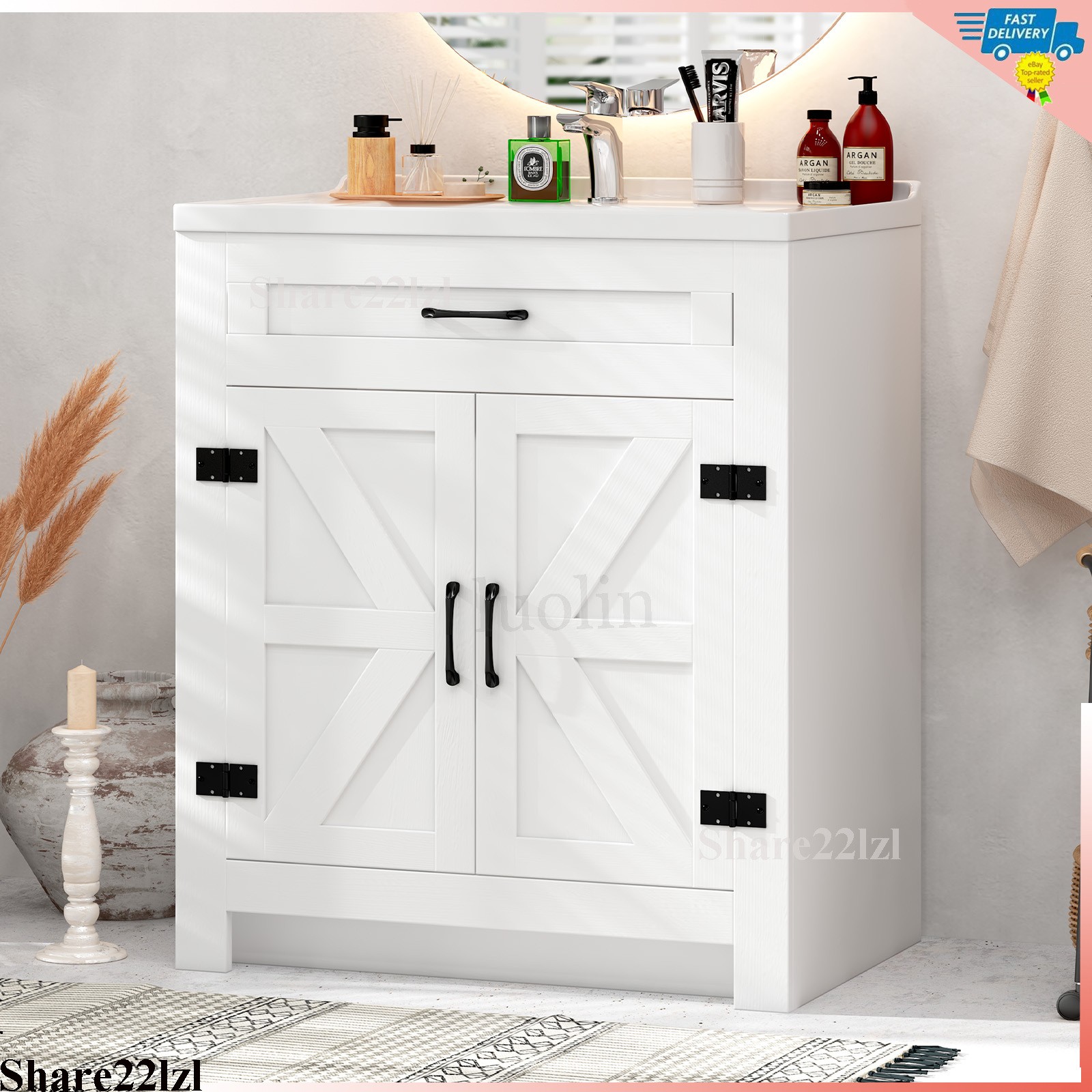 31″ Bathroom Vanity Single Cabinet White Freestanding Cabinets Storage WITH Sink