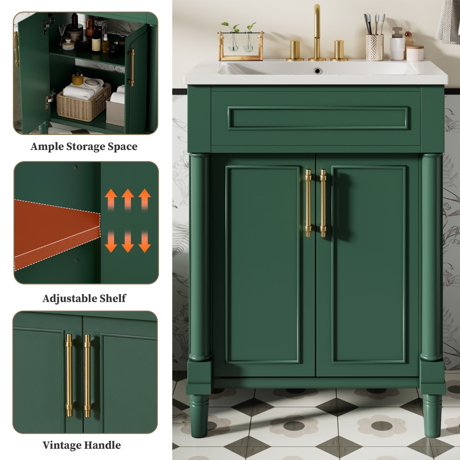 24″ Bathroom Vanity with Integrated Ceramic Sink, Bathroom Cabinet with 2 Doors
