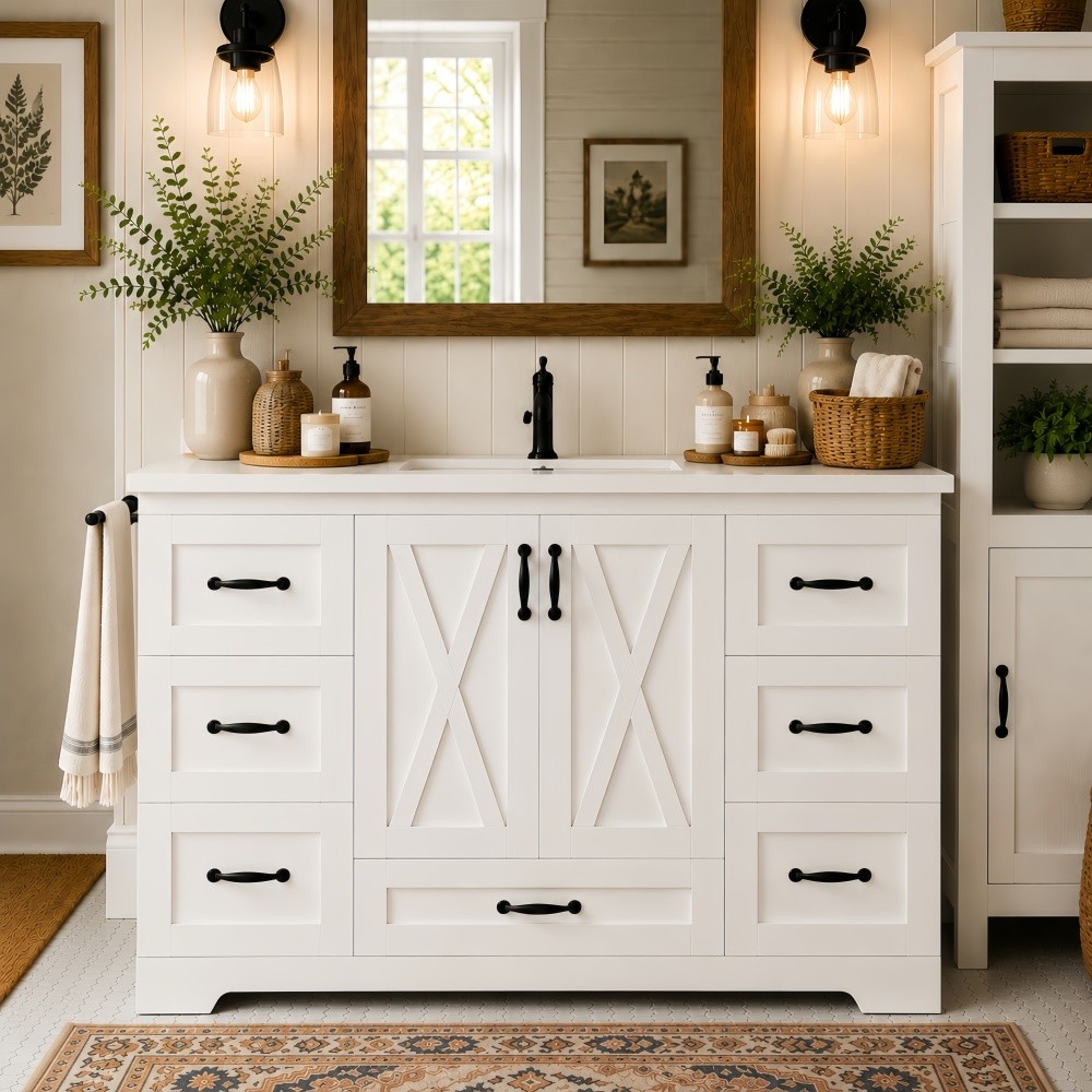 48in Bathroom Vanity W/Sink Ceramic Top Backsplash 6 Drawers Towel Bar Storage