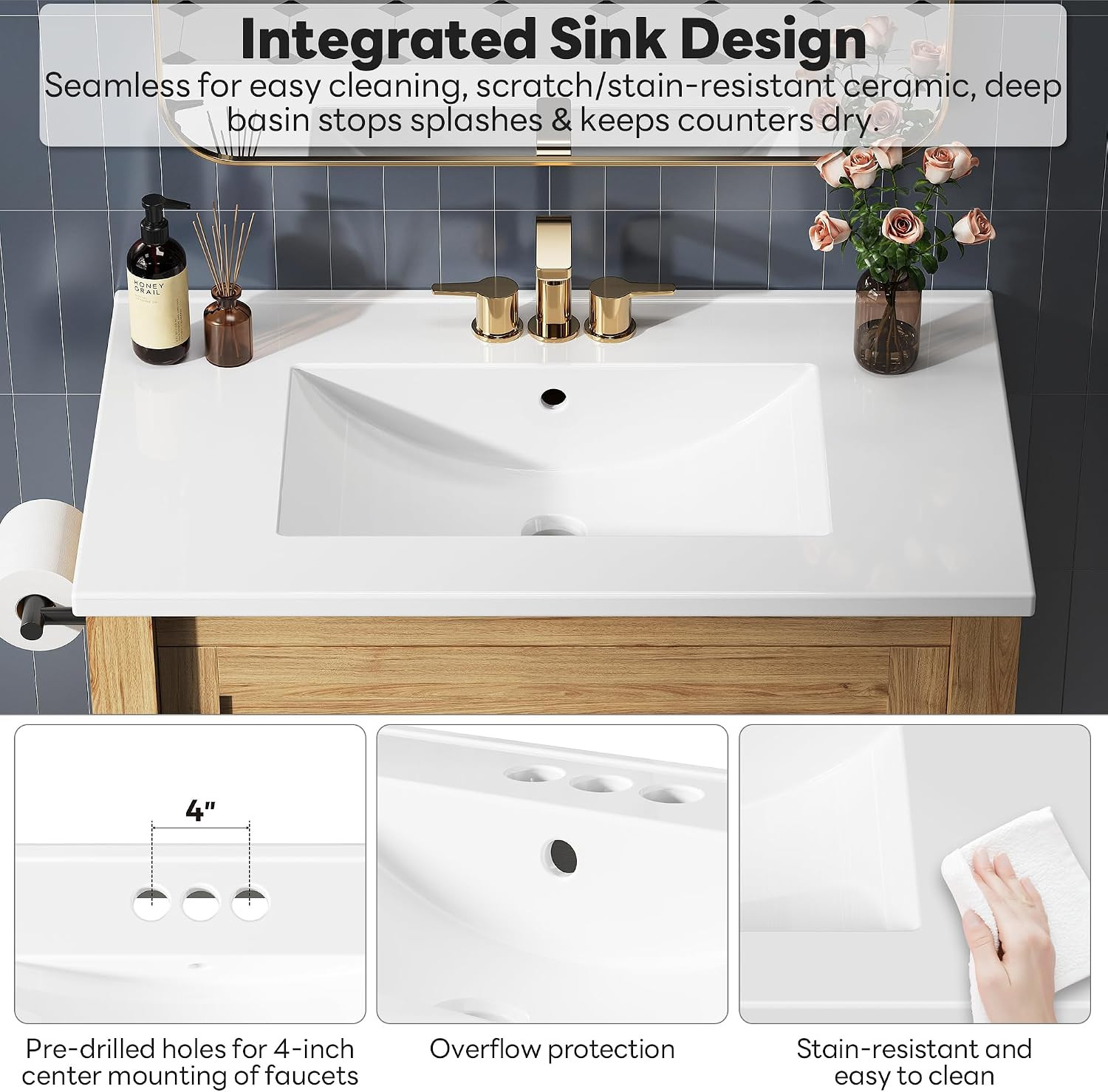 30 Inch Bathroom Vanity with Sink, Towel Holder & Adjustable Solid Wood Legs for