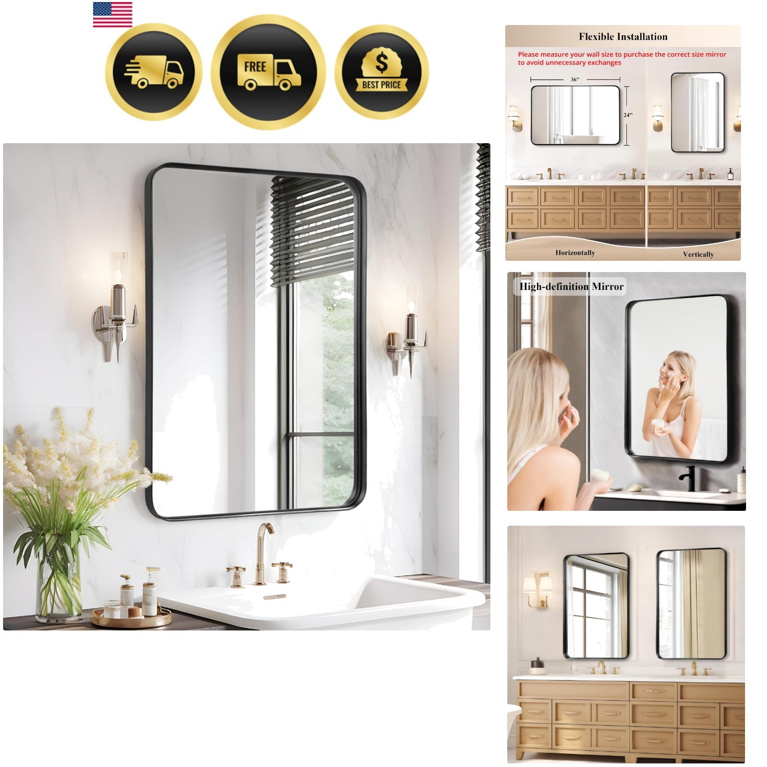 Bathroom Mirror Over Sink 24×36 Black – Framed Matte Bathroom Vanity Mirror, …